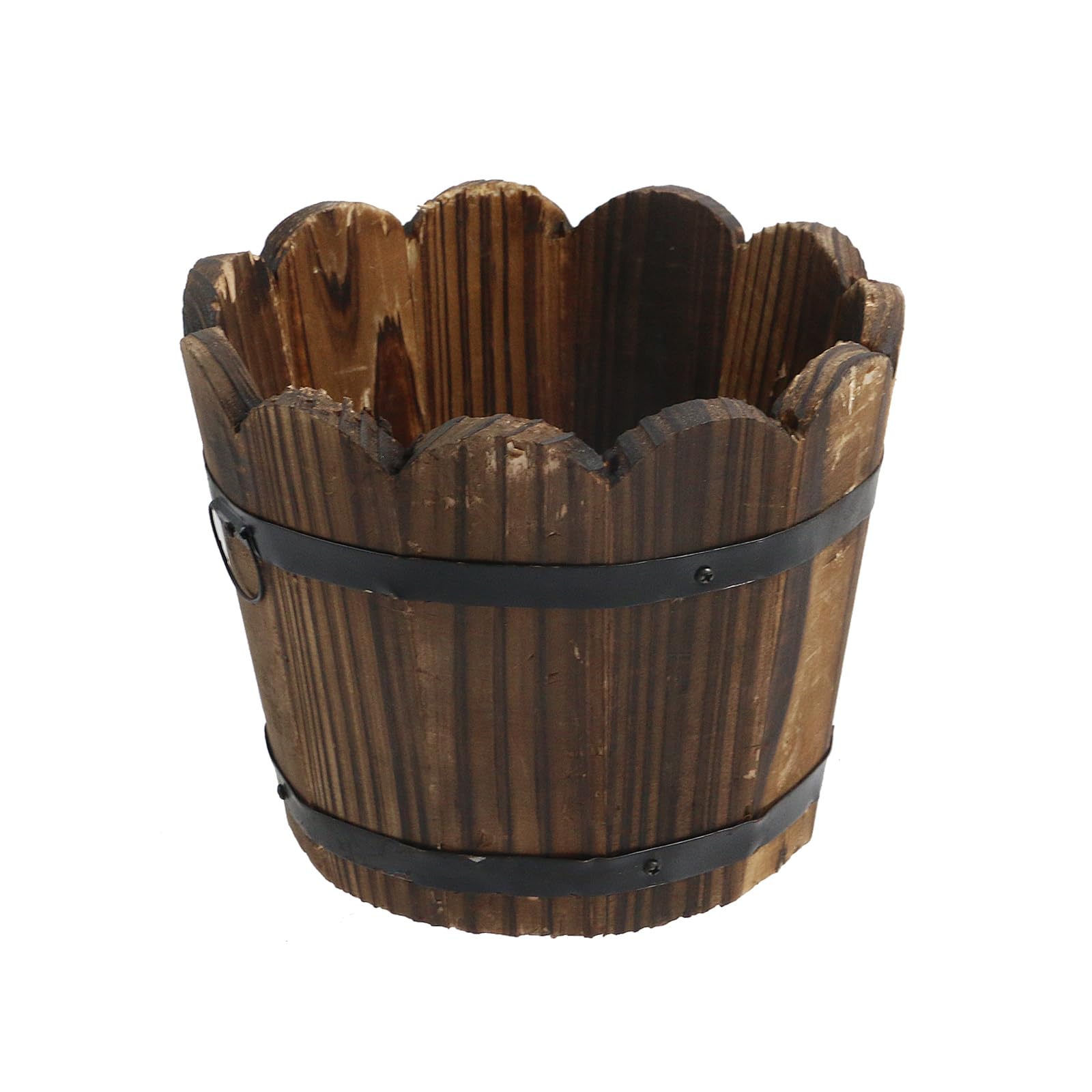 MY MIRONEY Plant Pots, Vintage Wooden Barrel Planter - Solid Rustic Garden Flower Pot with Metal Handles & Frame for Indoor Planter, Office Home Decor, Garden Home Plants, 6.69" x 9.45"
