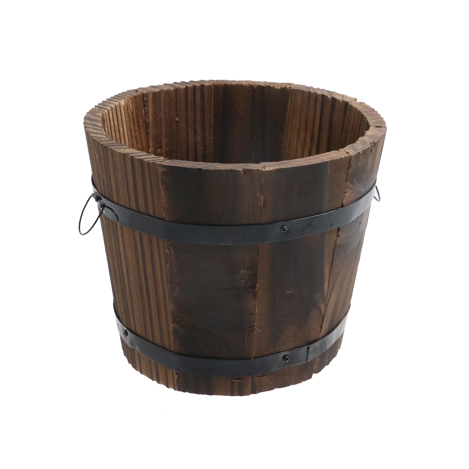 MY MIRONEY Plant Pots, Vintage Wooden Barrel Planter - Solid Rustic Garden Flower Pot with Metal Handles & Frame for Indoor Planter, Office Home Decor, Garden Home Plants, 6.69" x 9.45"