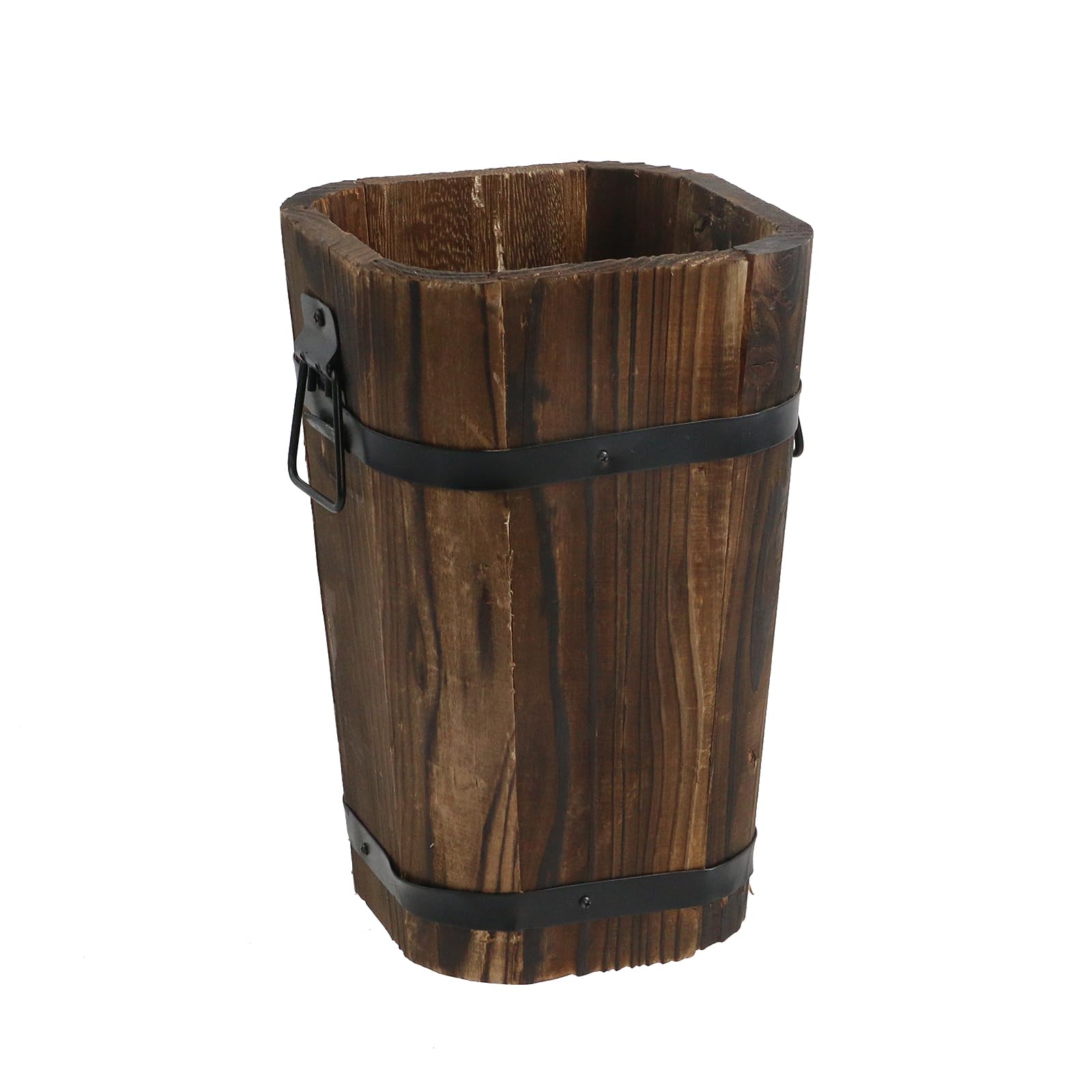 MY MIRONEY Plant Pots, Vintage Wooden Barrel Planter - Solid Rustic Garden Flower Pot with Metal Handles & Frame for Indoor Planter, Office Home Decor, Garden Home Plants, 6.69" x 9.45"
