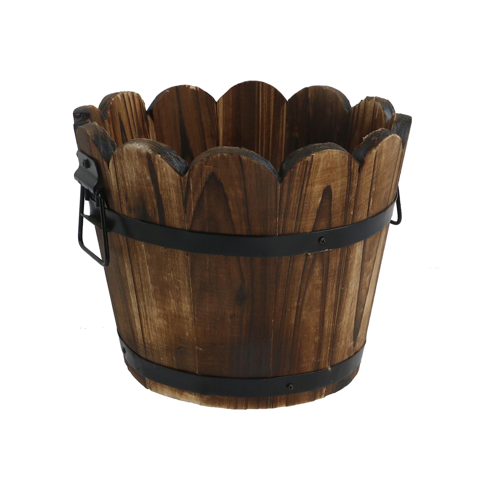 MY MIRONEY Plant Pots, Vintage Wooden Barrel Planter - Solid Rustic Garden Flower Pot with Metal Handles & Frame for Indoor Planter, Office Home Decor, Garden Home Plants, 6.69" x 9.45"