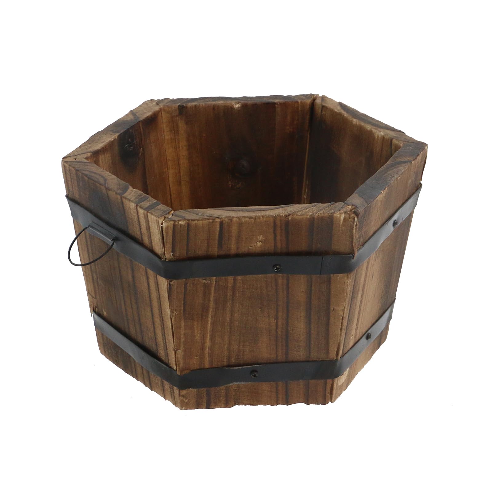 MY MIRONEY Plant Pots, Vintage Wooden Barrel Planter - Solid Rustic Garden Flower Pot with Metal Handles & Frame for Indoor Planter, Office Home Decor, Garden Home Plants, 6.69" x 9.45"