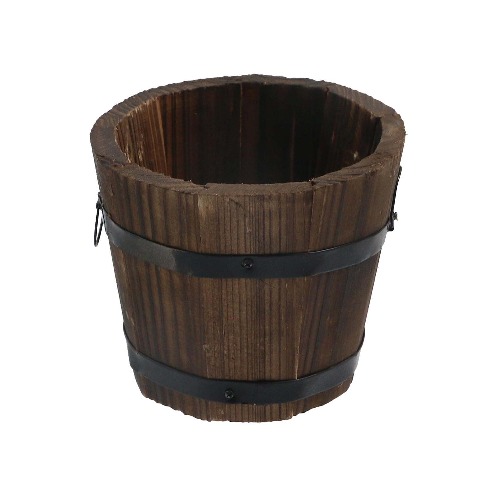 MY MIRONEY Plant Pots, Vintage Wooden Barrel Planter - Solid Rustic Garden Flower Pot with Metal Handles & Frame for Indoor Planter, Office Home Decor, Garden Home Plants, 6.69" x 9.45"