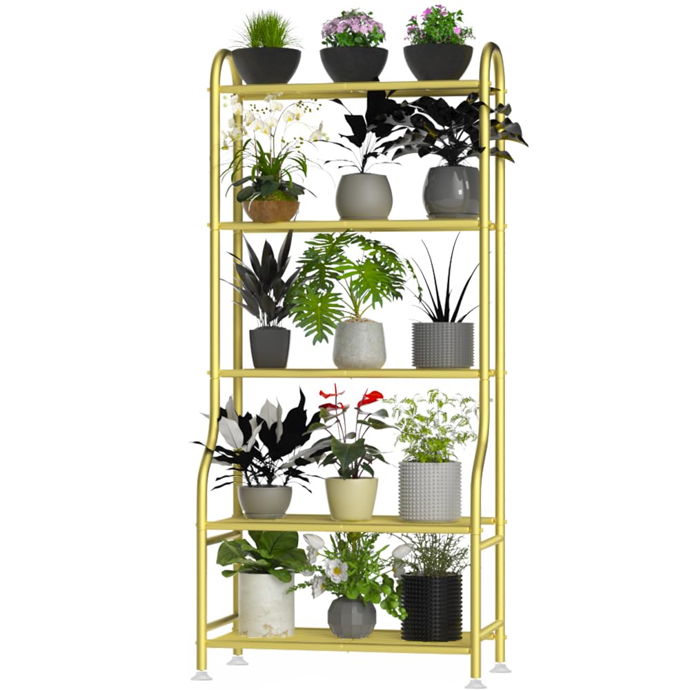 5-Tier Metal Plant Stand - Heavy Duty Indoor Outdoor Flower Shelf for Multiple Pots, 65" Tall Vertical Holder with Adjustable Leveling Feet & Wall-Fixing Kits, Black