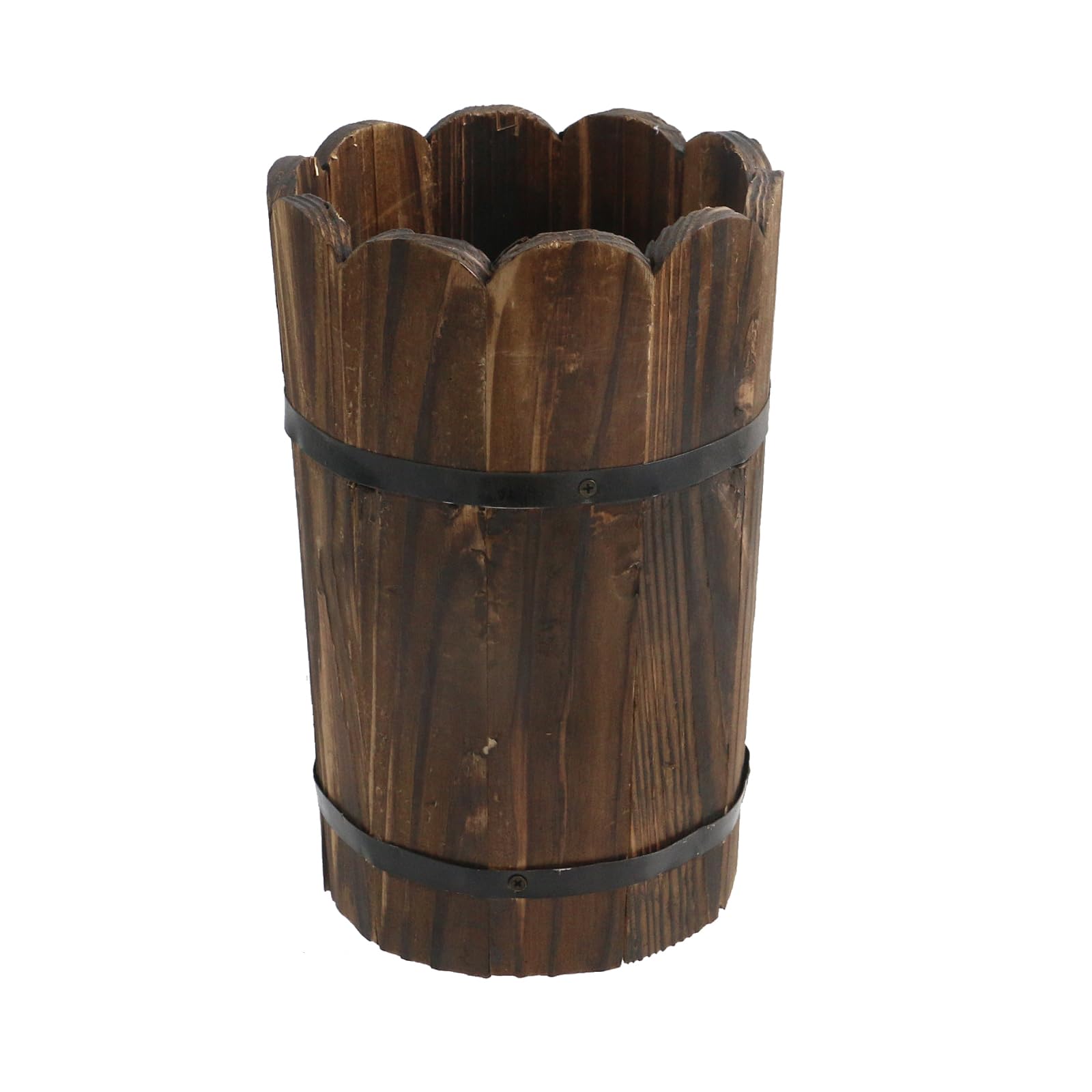 MY MIRONEY Plant Pots, Vintage Wooden Barrel Planter - Solid Rustic Garden Flower Pot with Metal Handles & Frame for Indoor Planter, Office Home Decor, Garden Home Plants, 6.69" x 9.45"