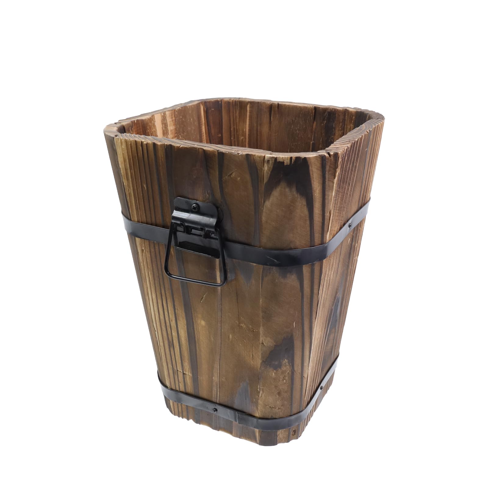MY MIRONEY Plant Pots, Vintage Wooden Barrel Planter - Solid Rustic Garden Flower Pot with Metal Handles & Frame for Indoor Planter, Office Home Decor, Garden Home Plants, 6.69" x 9.45"