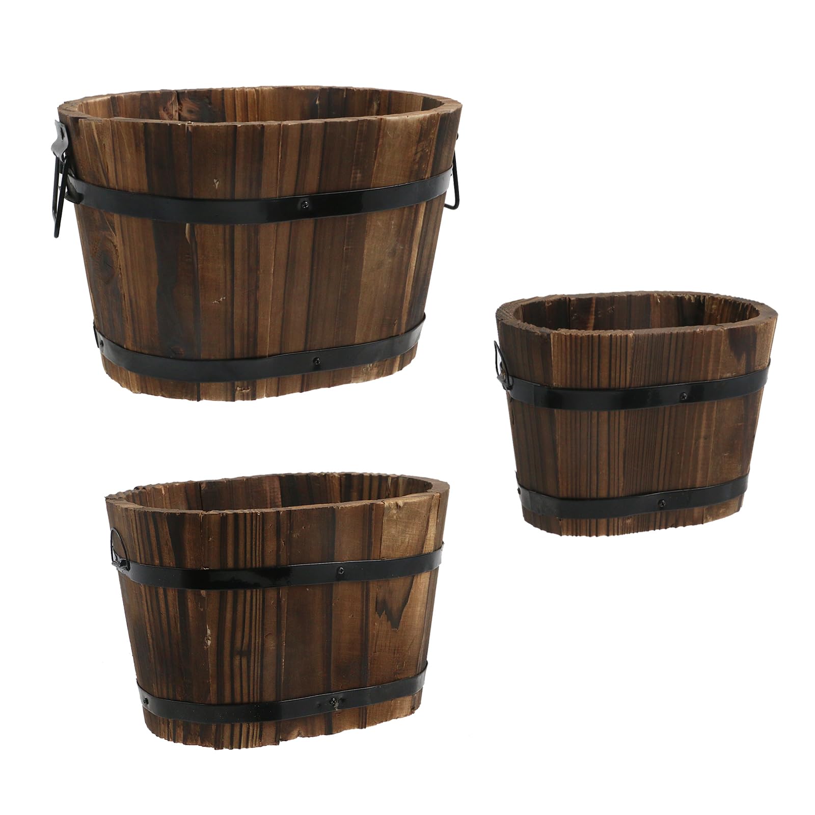 MY MIRONEY Plant Pots, Vintage Wooden Barrel Planter - Solid Rustic Garden Flower Pot with Metal Handles & Frame for Indoor Planter, Office Home Decor, Garden Home Plants, 6.69" x 9.45"
