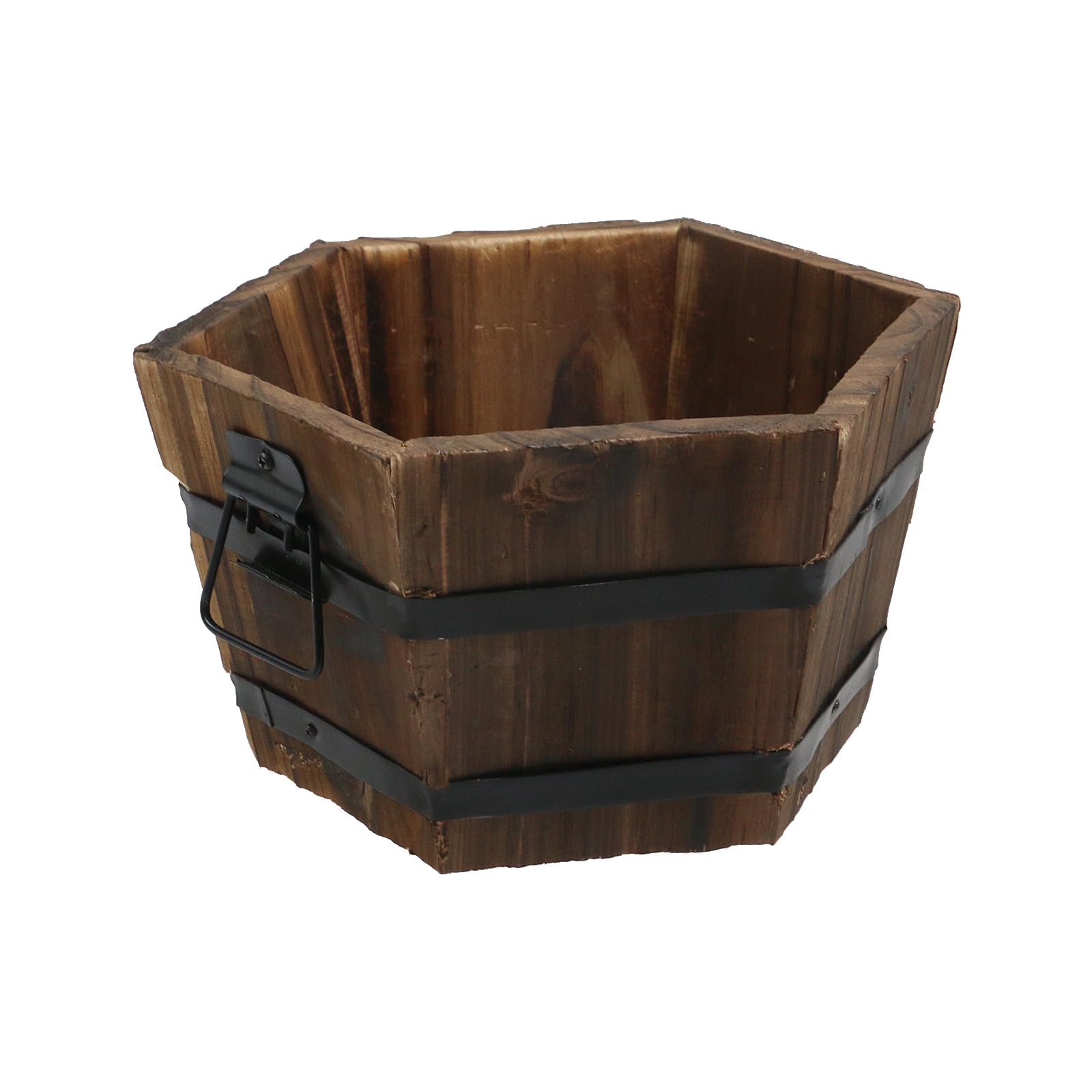 MY MIRONEY Plant Pots, Vintage Wooden Barrel Planter - Solid Rustic Garden Flower Pot with Metal Handles & Frame for Indoor Planter, Office Home Decor, Garden Home Plants, 6.69" x 9.45"