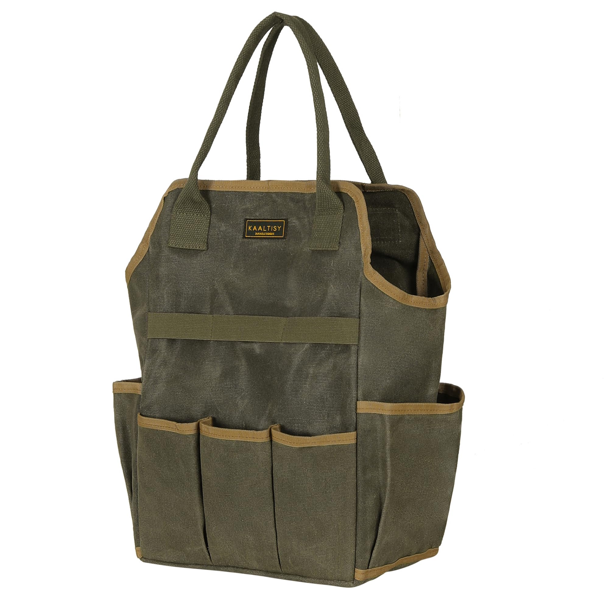 Canvas Garden Tool Bag, 16OZ Waxed Canvas Garden Tools Storage Tote - with 3 Inner Slots + 8 Outer Pockets, Multi-Functional Tool Organizer Bag for Gardener Florist Workshop, Grey, 9.5 x 6 x 15.5 In