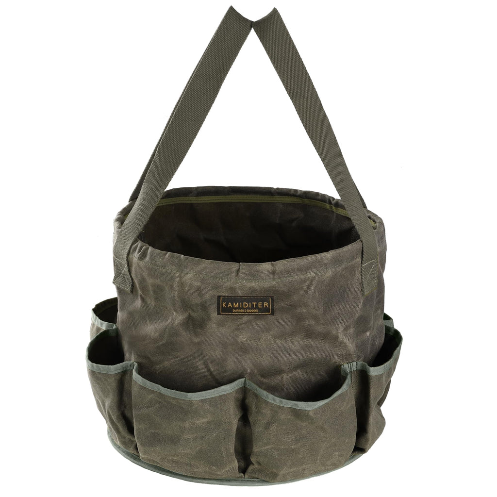 Waxed Canvas Garden Organizer Bag - Waterproof Bucket Tool Bag Portable with Side Pockets, Portable Gardening Tote for Lawn/Yard | Grey