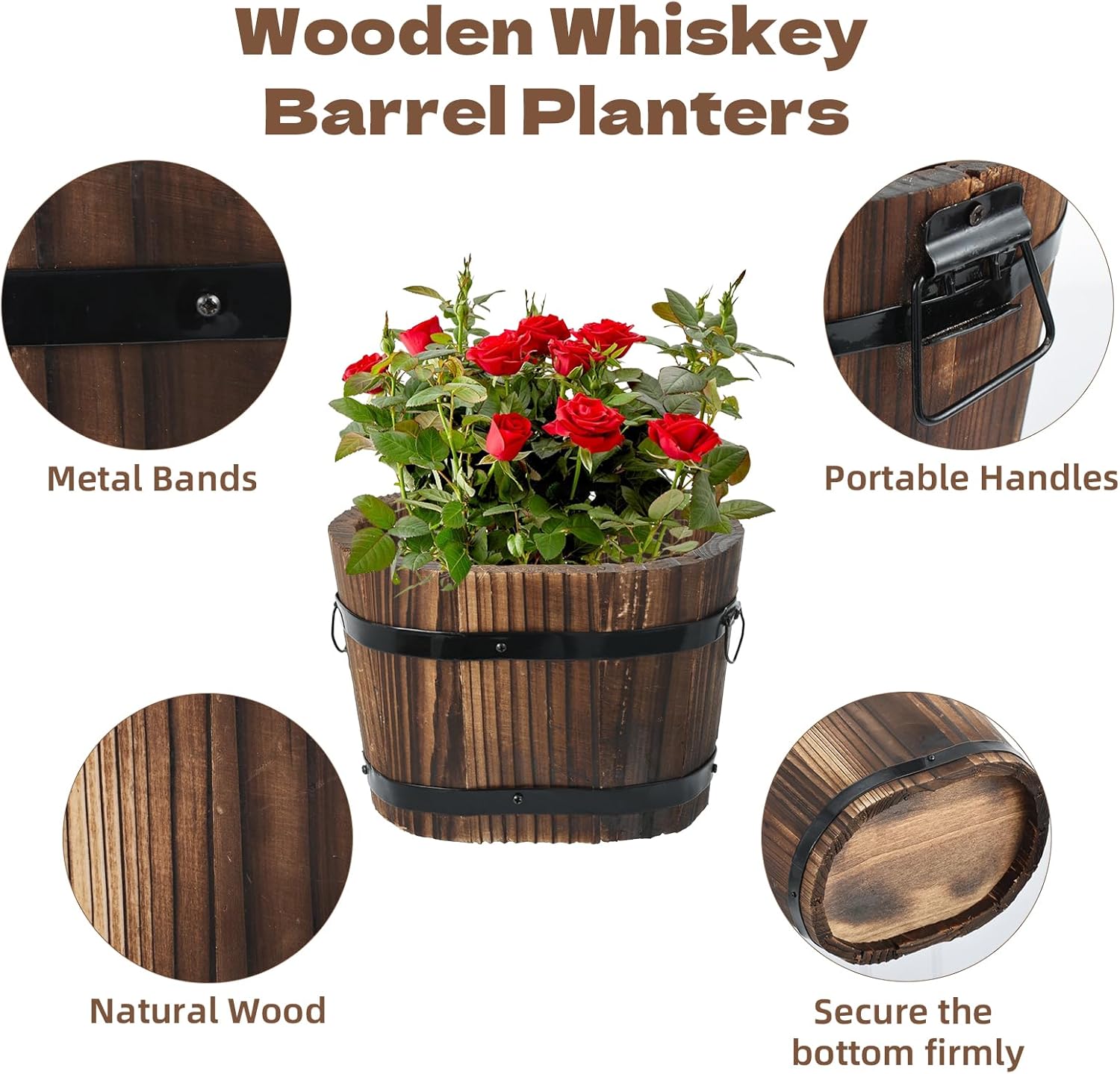 3 Pcs Wooden Whiskey Barrel Planters, Wooden Flower Planters Pots Boxes with Metal Handles 3 Sizes Planting Wood Buckets Tree Pot for Indoor Outdoor Garden Home Plants
