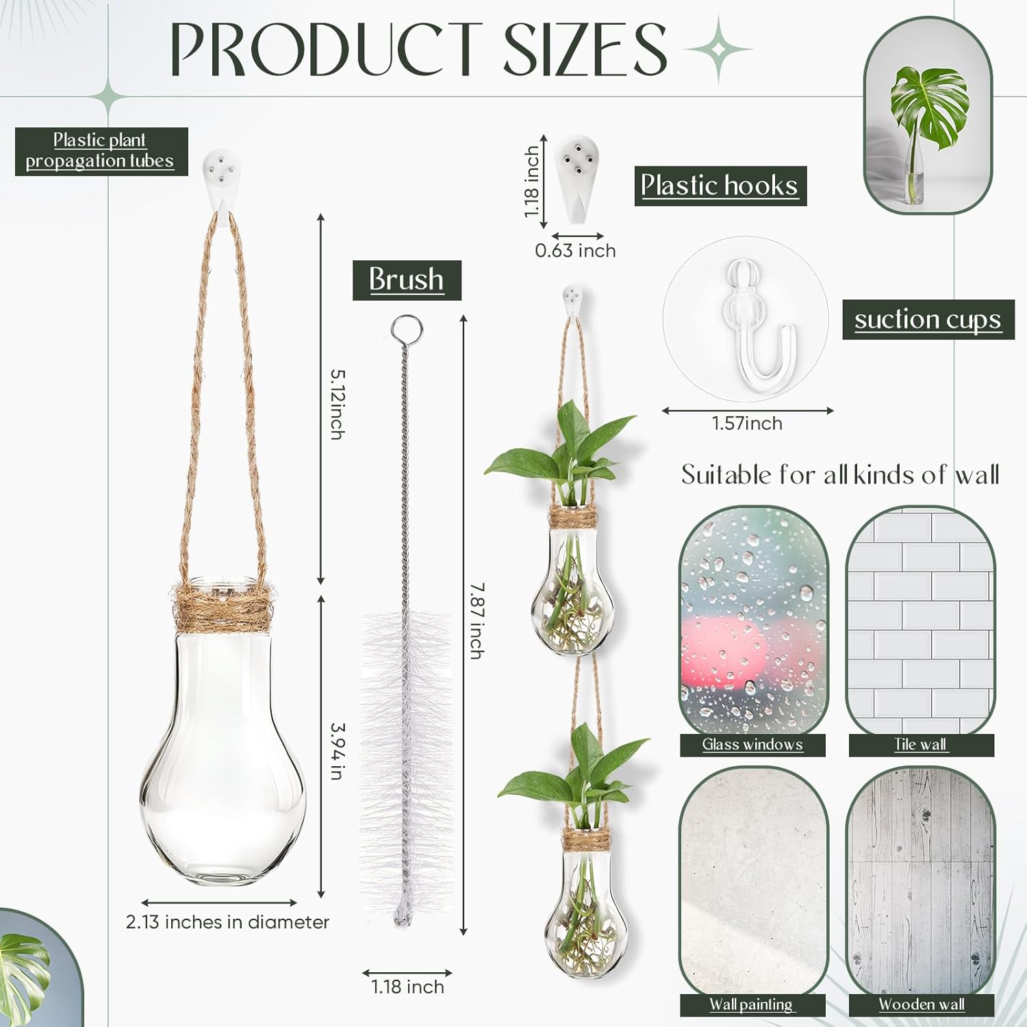 Baderke 18 Sets 3.94" Plastic Window Propagation Stations Hanging Propagation Vases Plant Test Tubes with Suction Cup & Traceless Nail & Brush Clear Wall Jars for Office Home Garden Decor Lover Gift