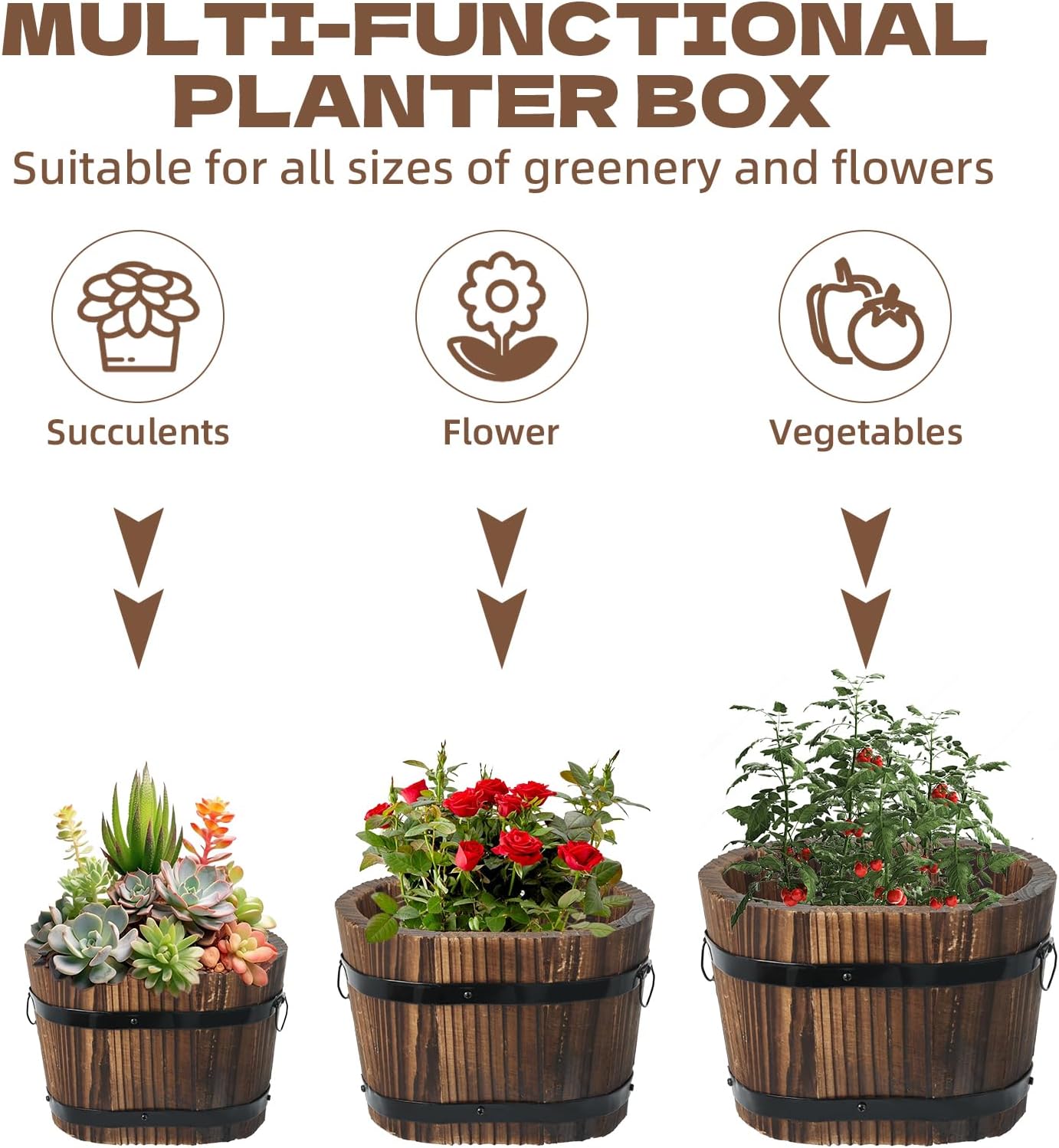 3 Pcs Wooden Whiskey Barrel Planters, Wooden Flower Planters Pots Boxes with Metal Handles 3 Sizes Planting Wood Buckets Tree Pot for Indoor Outdoor Garden Home Plants