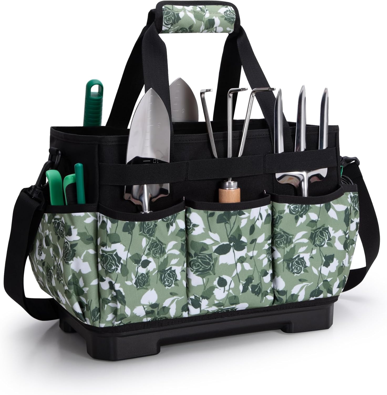 Garden Tool Bag with Hard Bottom, Garden Tote with Shoulder Strap and Multiple Pockets (No Accessories Included), Green Rose