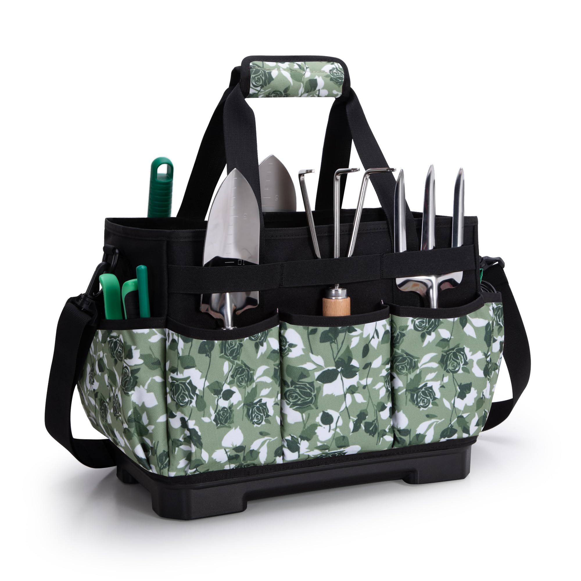 Garden Tool Bag with Hard Bottom, Garden Tote with Shoulder Strap and Multiple Pockets (No Accessories Included), Green Rose