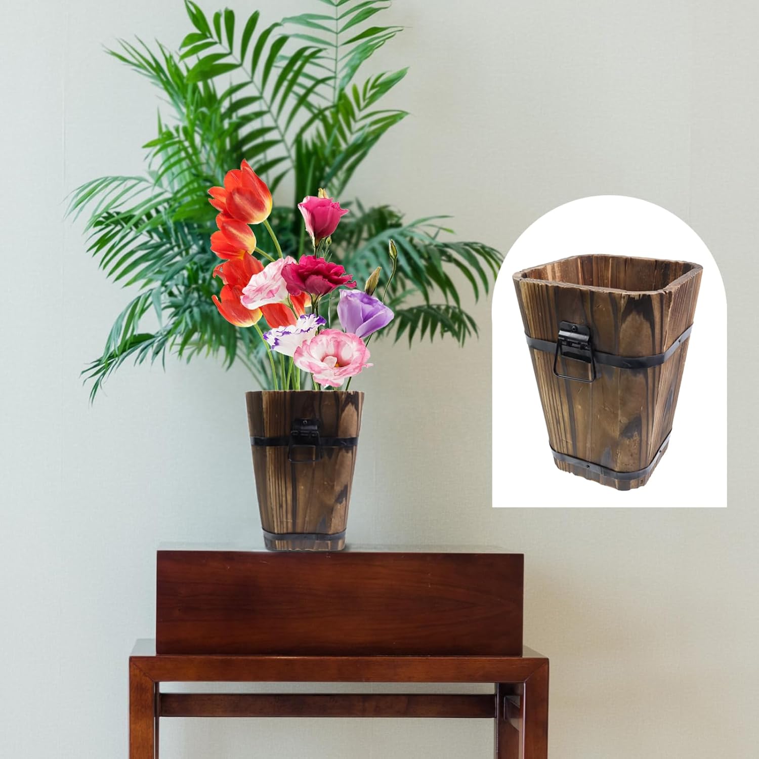 MY MIRONEY Plant Pots, Vintage Wooden Barrel Planter - Solid Rustic Garden Flower Pot with Metal Handles & Frame for Indoor Planter, Office Home Decor, Garden Home Plants, 6.69" x 9.45"