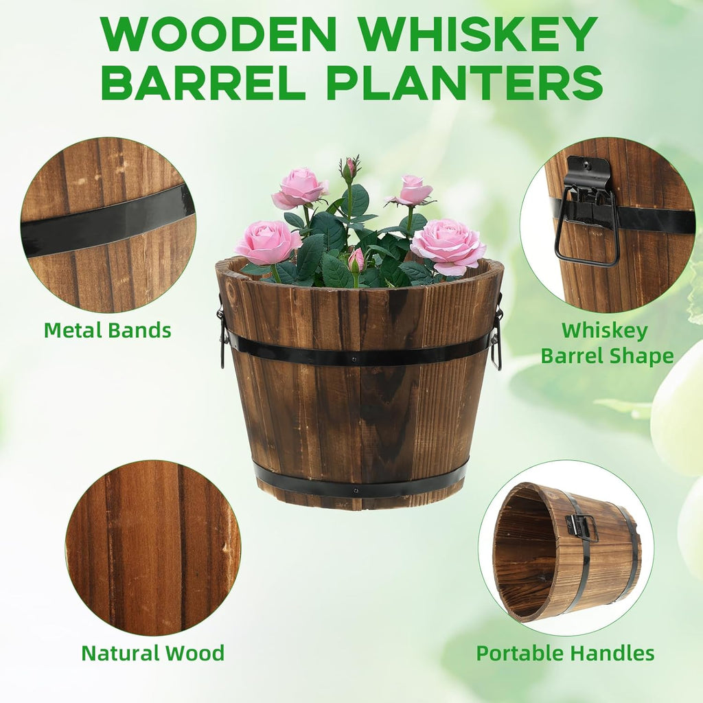 4 Pcs Wooden Whiskey Barrel Planters, Wooden Flower Planters Pots Boxes with Metal Handles 4 Sizes Planting Wood Buckets Christmas Tree Pot for Indoor Outdoor Garden Home Plants