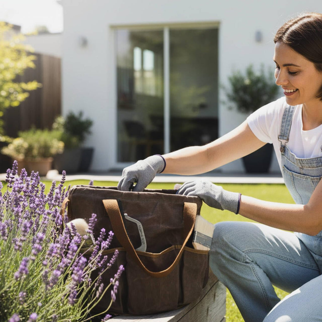 Waxed Canvas Garden Organizer Bag - Waterproof Bucket Tool Bag Portable with Side Pockets, Portable Gardening Tote for Lawn/Yard | Grey