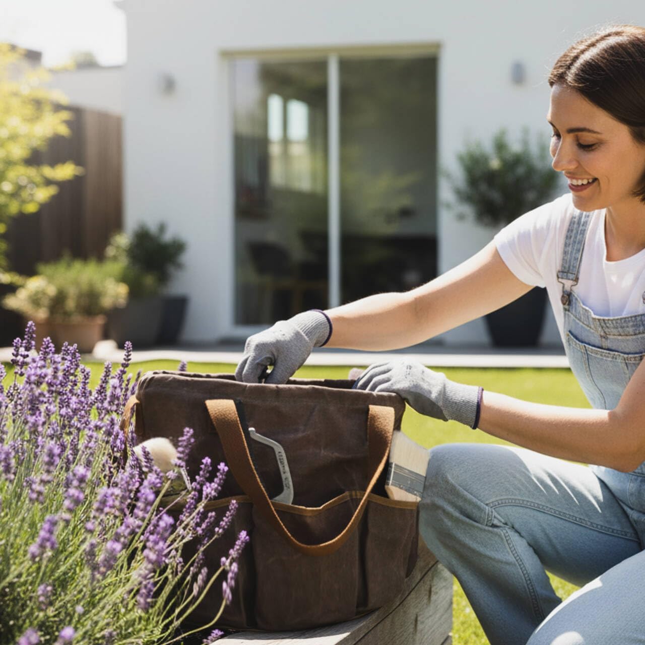 Waxed Canvas Garden Organizer Bag - Waterproof Bucket Tool Bag Portable with Side Pockets, Portable Gardening Tote for Lawn/Yard | Grey