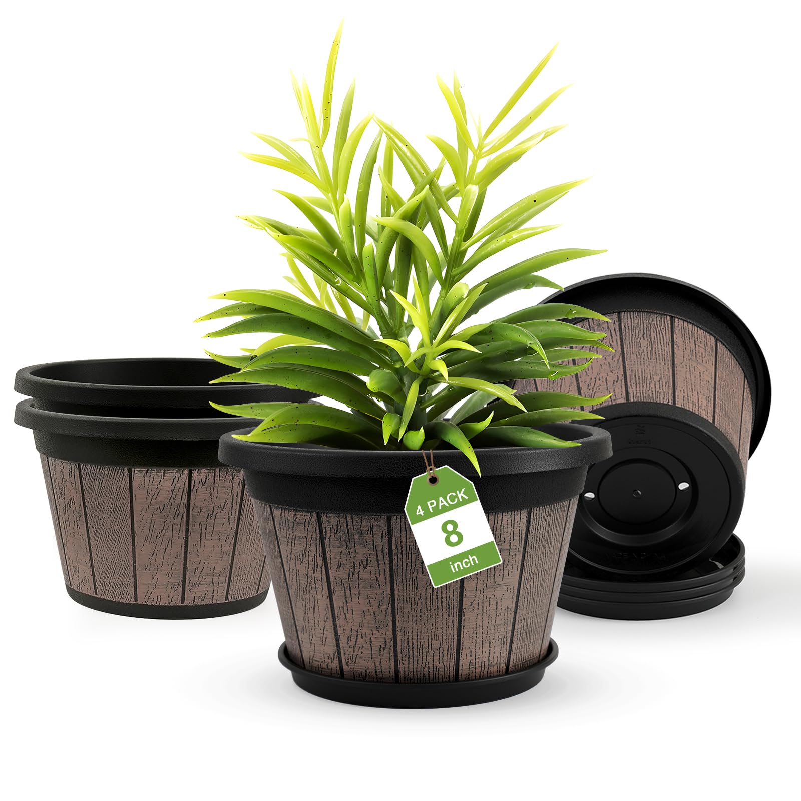 Quarut 4 Pack 10 inch Plant Pots,Upgrade Whiskey Barrel Planters with Drainage Holes & Saucer,Plastic Decoration Flower Pots Retro Design,Planters for Outdoor Indoor Garden Home Plants (Brown)