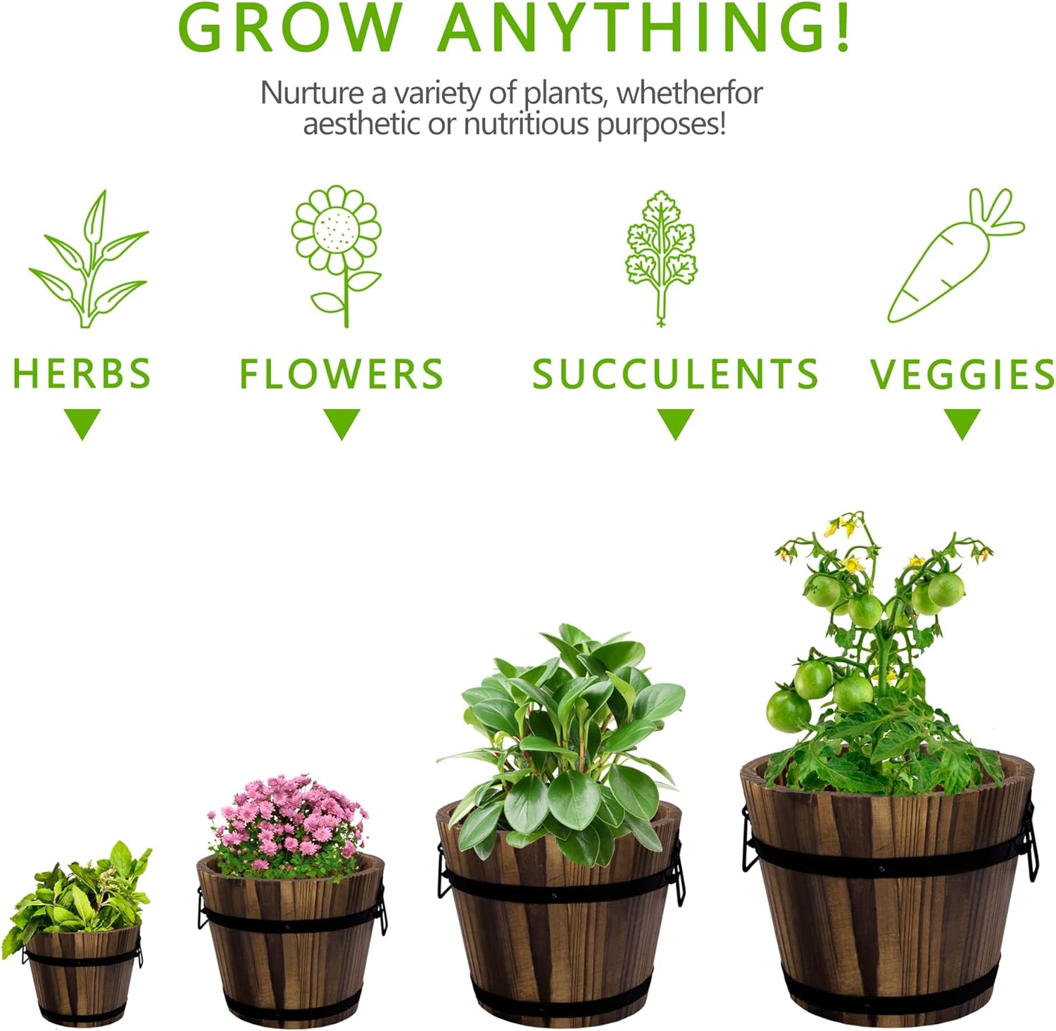 Adnee 4 Pack Wooden Whiskey Barrel Planters - 4 Sizes Wooden Bucket Barrel Garden Planters Set - Rustic Flower Planters Pots Container for Indoor Outdoor Garden Home Plants(4.7",6.1",7.1",9")