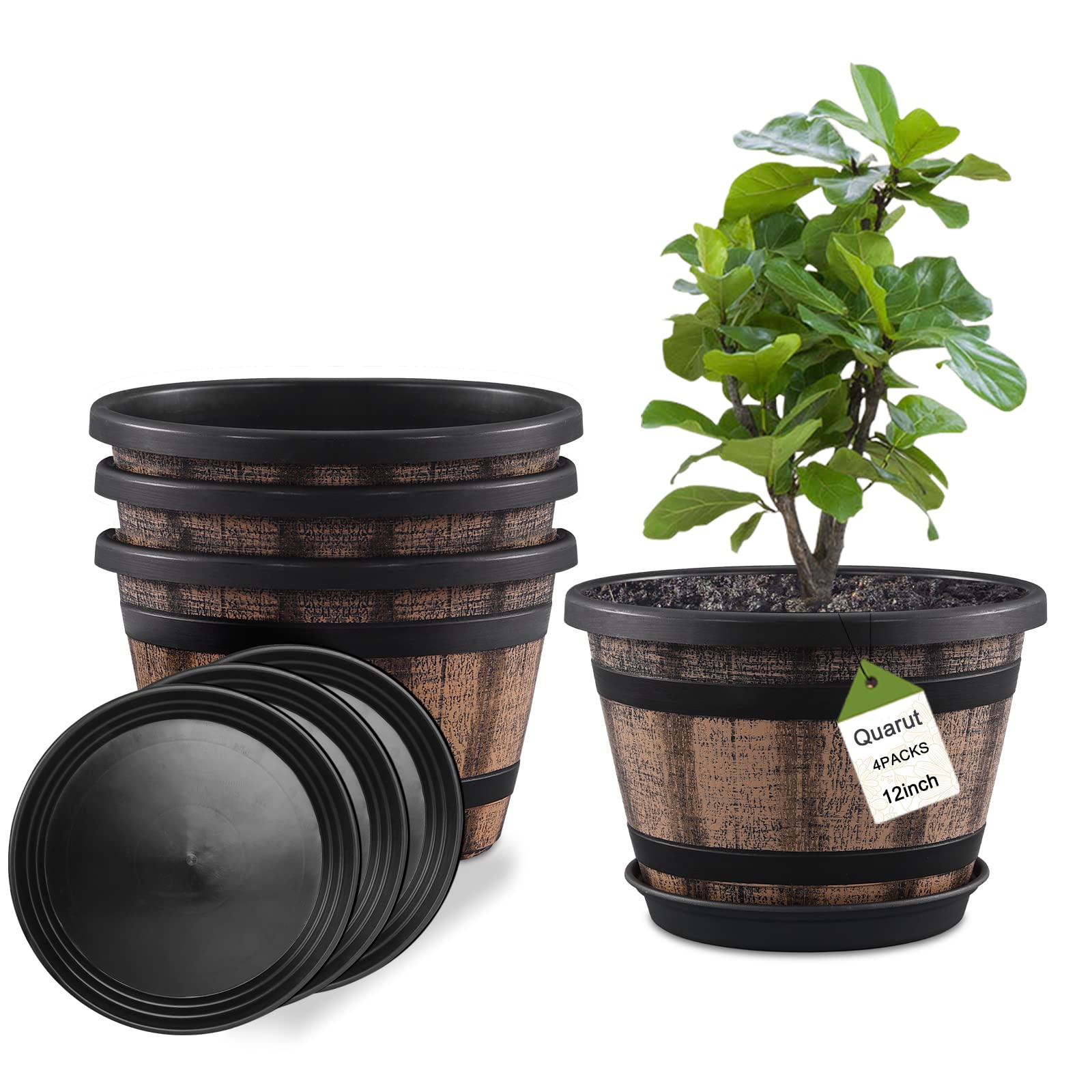 Quarut Large Plastic 4 Pack14 inch Plant Pots,Whiskey Barrel Planters with Drainage Holes & Saucer.Flower Pots Imitation Wine Barrel Design for Indoor & Outdoor Garden Balcony Plants.5 Gallons(Brown)