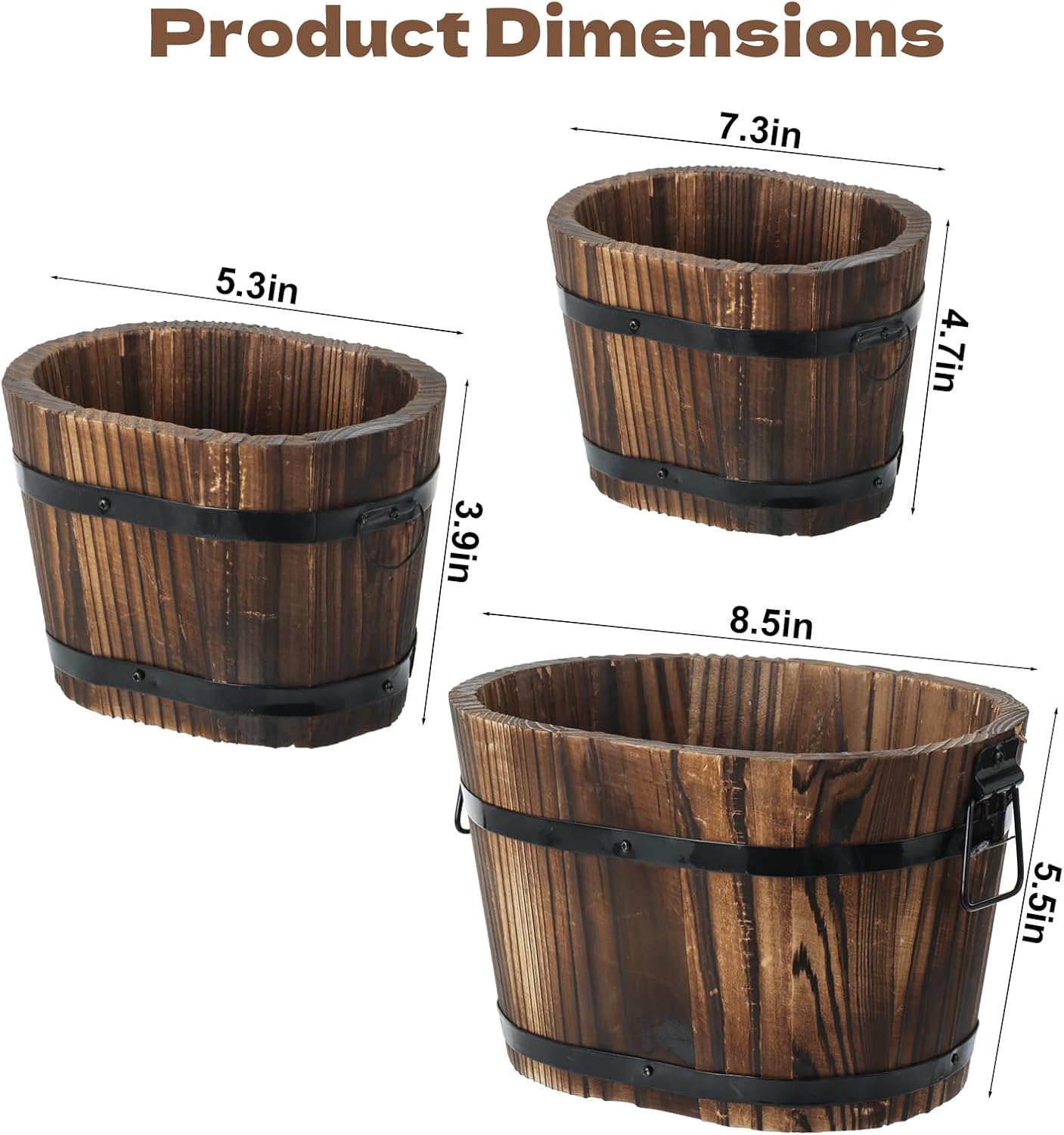 3 Pcs Wooden Whiskey Barrel Planters, Wooden Flower Planters Pots Boxes with Metal Handles 3 Sizes Planting Wood Buckets Tree Pot for Indoor Outdoor Garden Home Plants