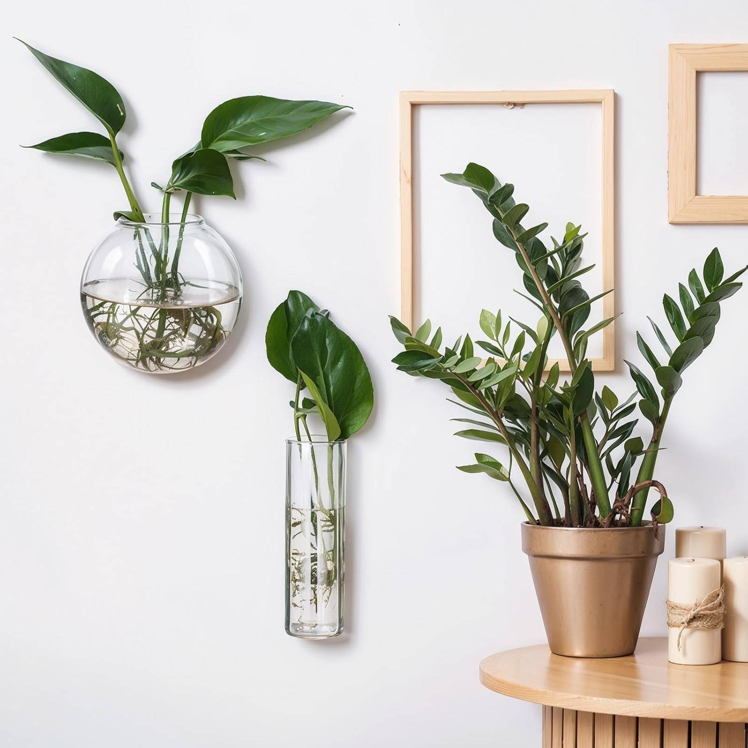 Baderke 6 Pcs Glass Wall Hanging Vase Indoor Propagation Planter with Hanging Suction Cup and Plastic Invisible Traceless Hanger for Hydroponic Flower Succulent Spring Summer Wedding Wall Mount Decor