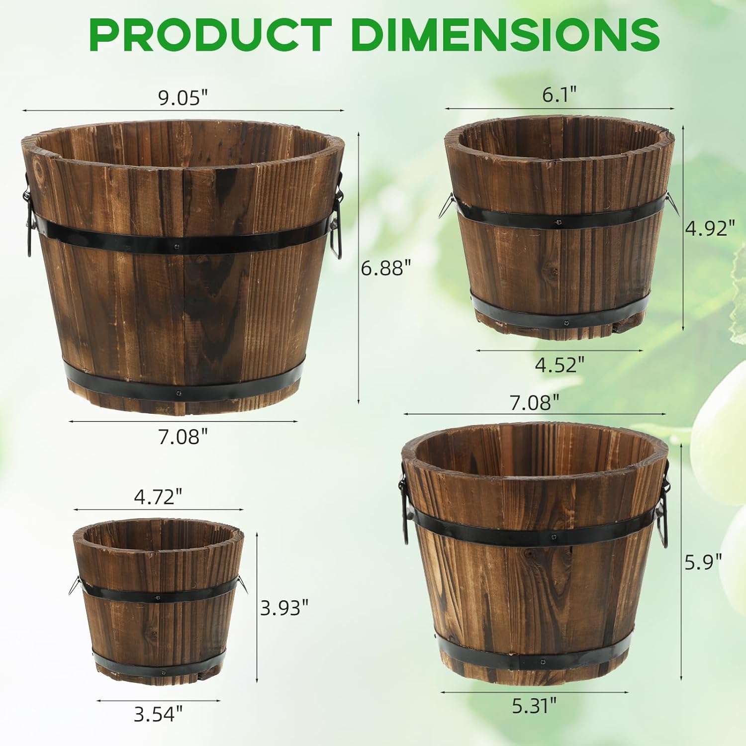 4 Pcs Wooden Whiskey Barrel Planters, Wooden Flower Planters Pots Boxes with Metal Handles 4 Sizes Planting Wood Buckets Christmas Tree Pot for Indoor Outdoor Garden Home Plants