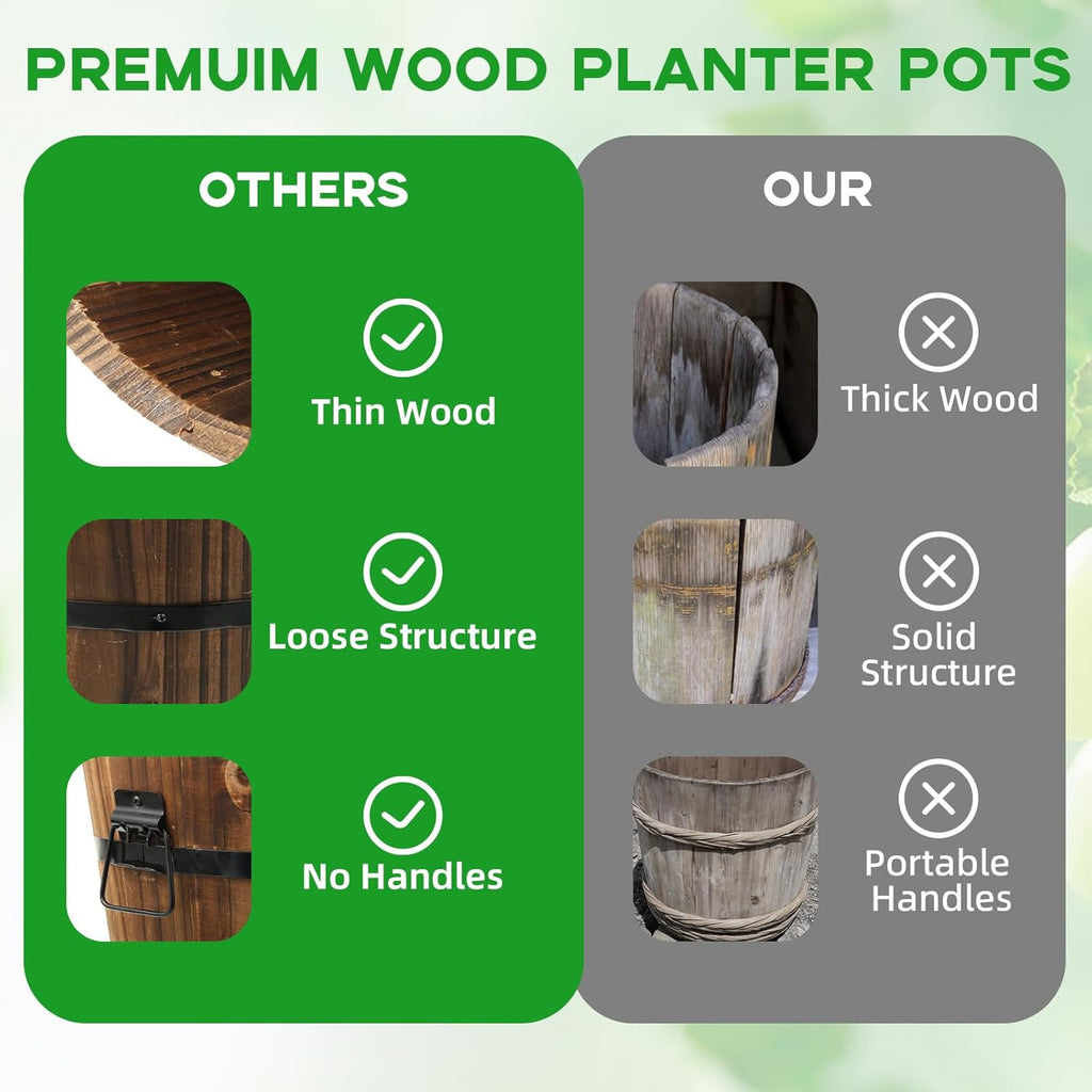 4 Pcs Wooden Whiskey Barrel Planters, Wooden Flower Planters Pots Boxes with Metal Handles 4 Sizes Planting Wood Buckets Christmas Tree Pot for Indoor Outdoor Garden Home Plants