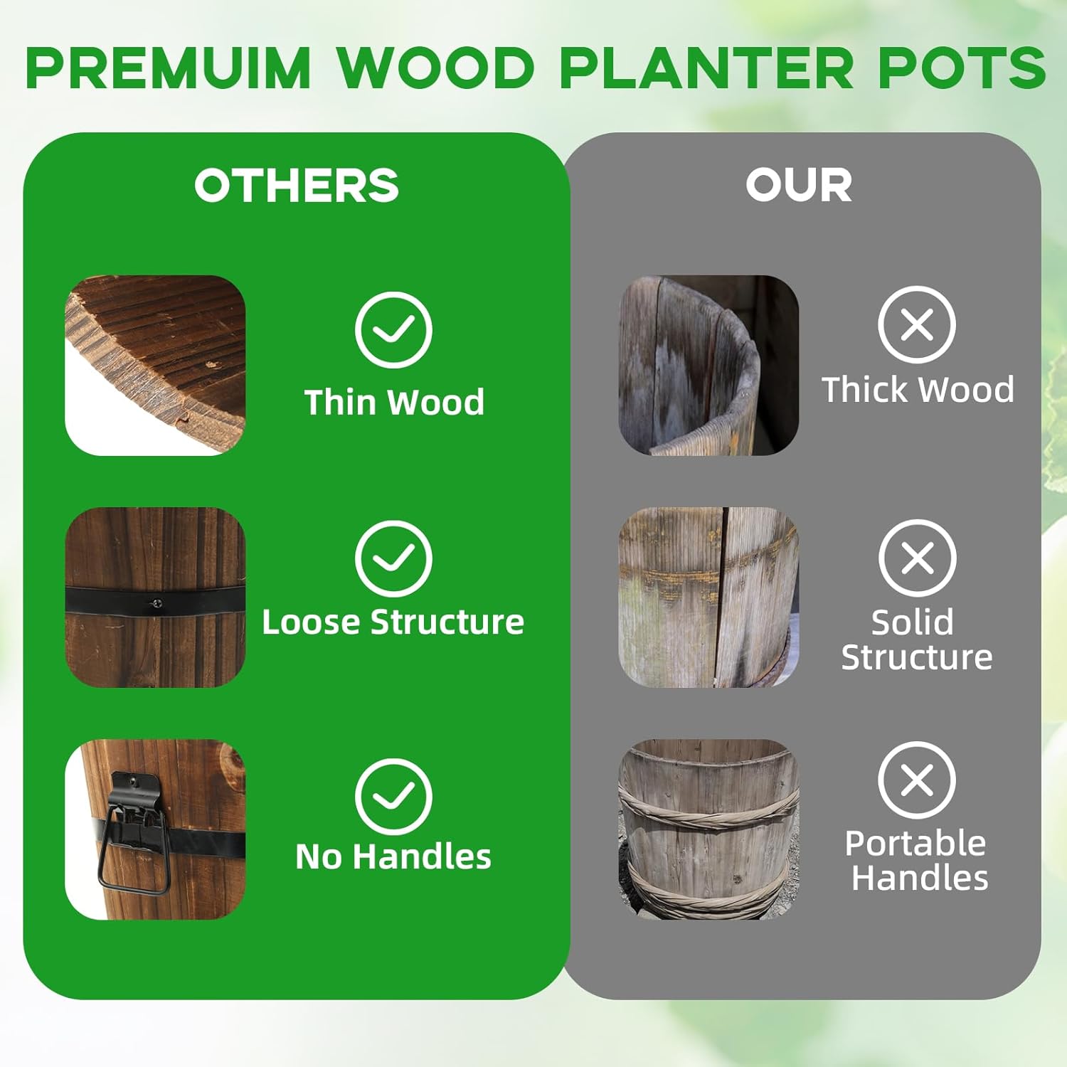 4 Pcs Wooden Whiskey Barrel Planters, Wooden Flower Planters Pots Boxes with Metal Handles 4 Sizes Planting Wood Buckets Christmas Tree Pot for Indoor Outdoor Garden Home Plants