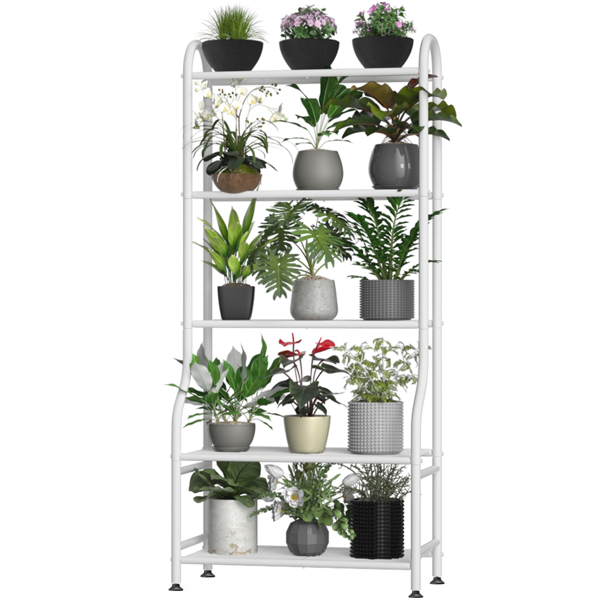 5-Tier Metal Plant Stand - Heavy Duty Indoor Outdoor Flower Shelf for Multiple Pots, 65" Tall Vertical Holder with Adjustable Leveling Feet & Wall-Fixing Kits, Black