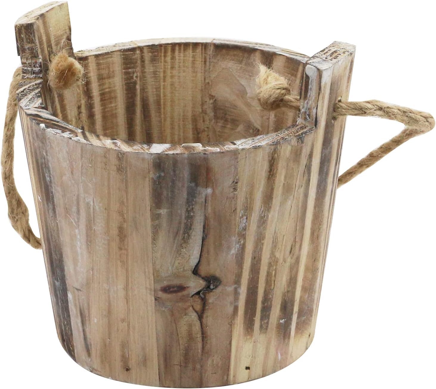 MY MIRONEY Plant Pots, Vintage Wooden Barrel Planter - Solid Rustic Garden Flower Pot with Metal Handles & Frame for Indoor Planter, Office Home Decor, Garden Home Plants, 6.69" x 9.45"