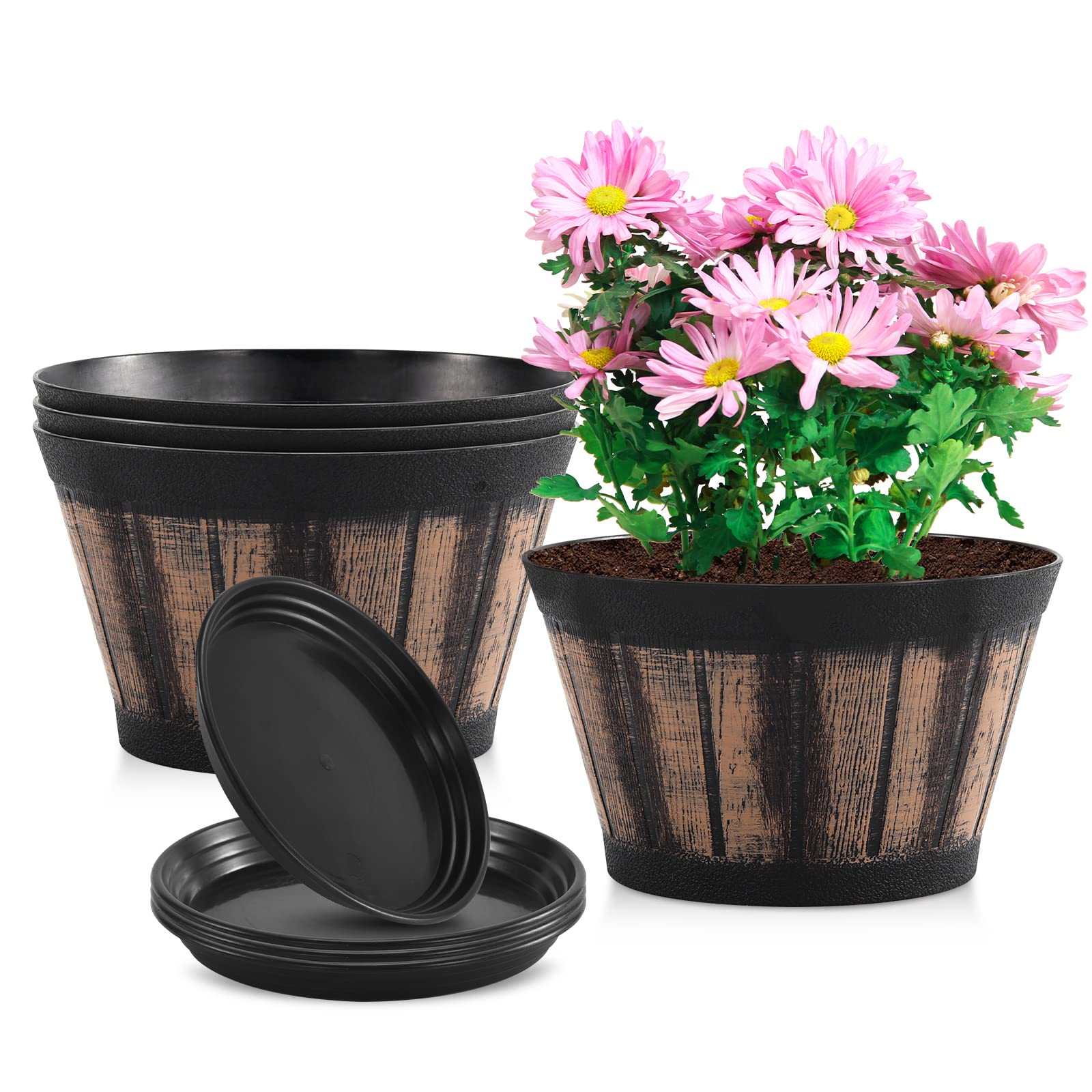 Quarut Large Plastic 4 Pack14 inch Plant Pots,Whiskey Barrel Planters with Drainage Holes & Saucer.Flower Pots Imitation Wine Barrel Design for Indoor & Outdoor Garden Balcony Plants.5 Gallons(Brown)
