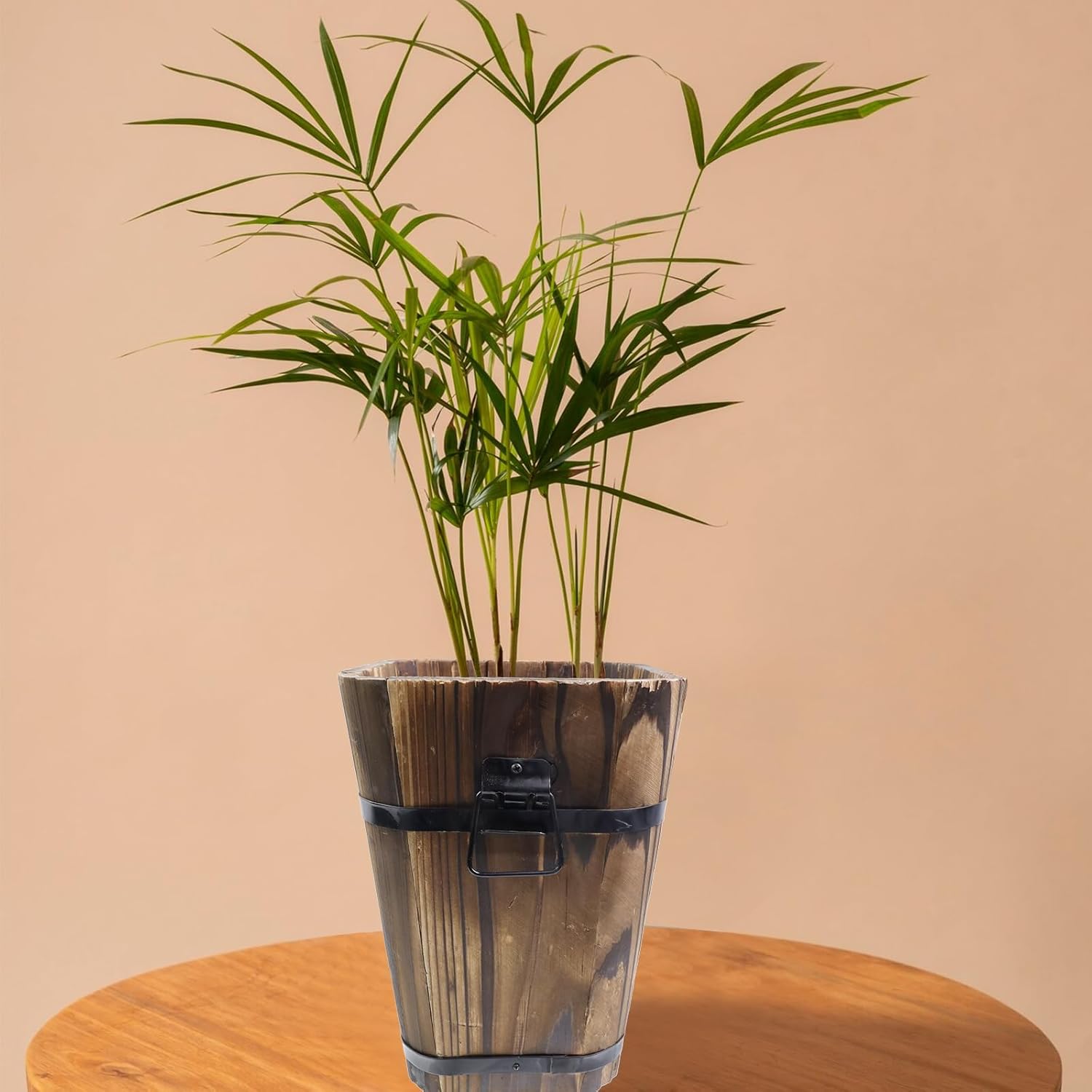 MY MIRONEY Plant Pots, Vintage Wooden Barrel Planter - Solid Rustic Garden Flower Pot with Metal Handles & Frame for Indoor Planter, Office Home Decor, Garden Home Plants, 6.69" x 9.45"