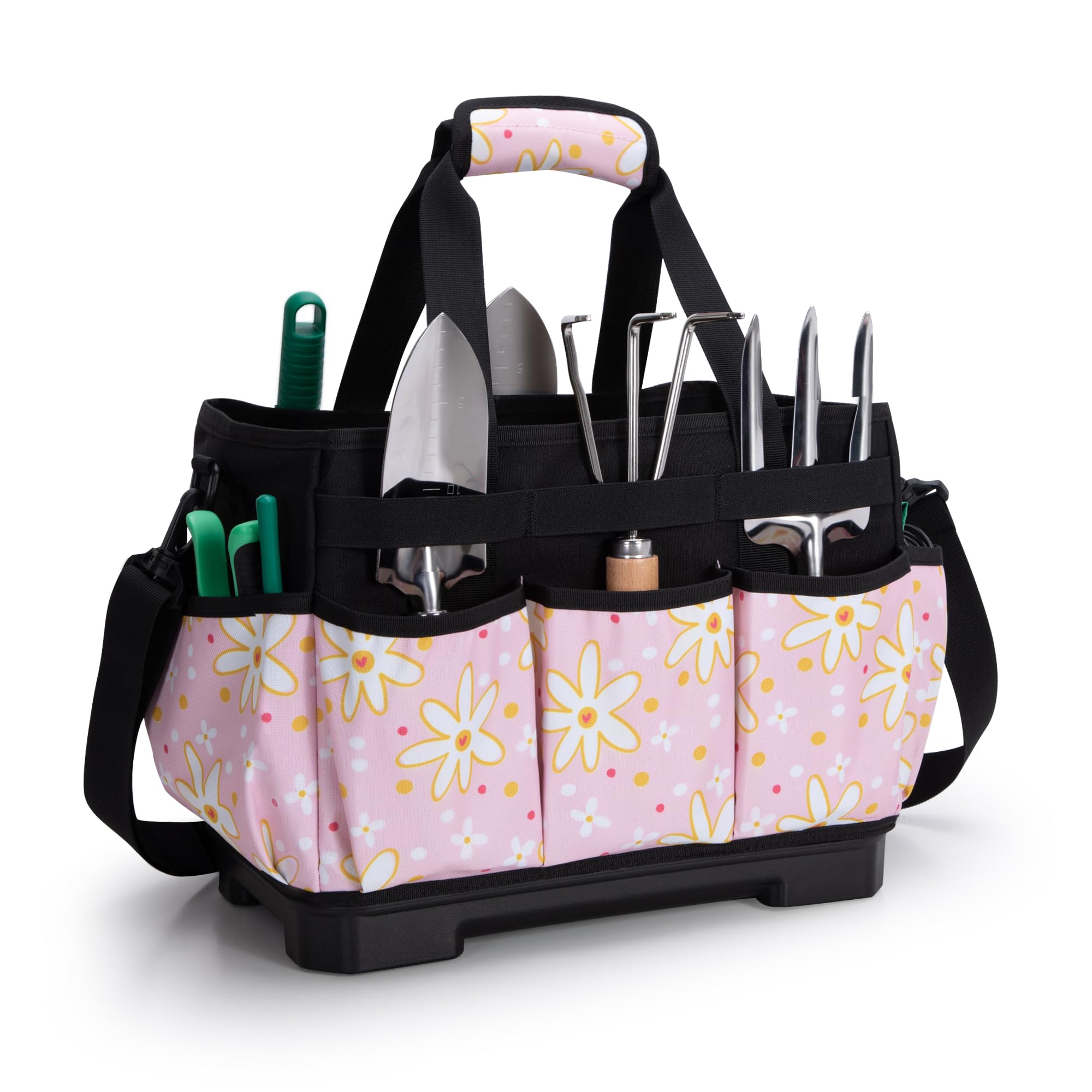 Garden Tool Bag with Hard Bottom, Garden Tote with Shoulder Strap and Multiple Pockets (No Accessories Included), Green Rose