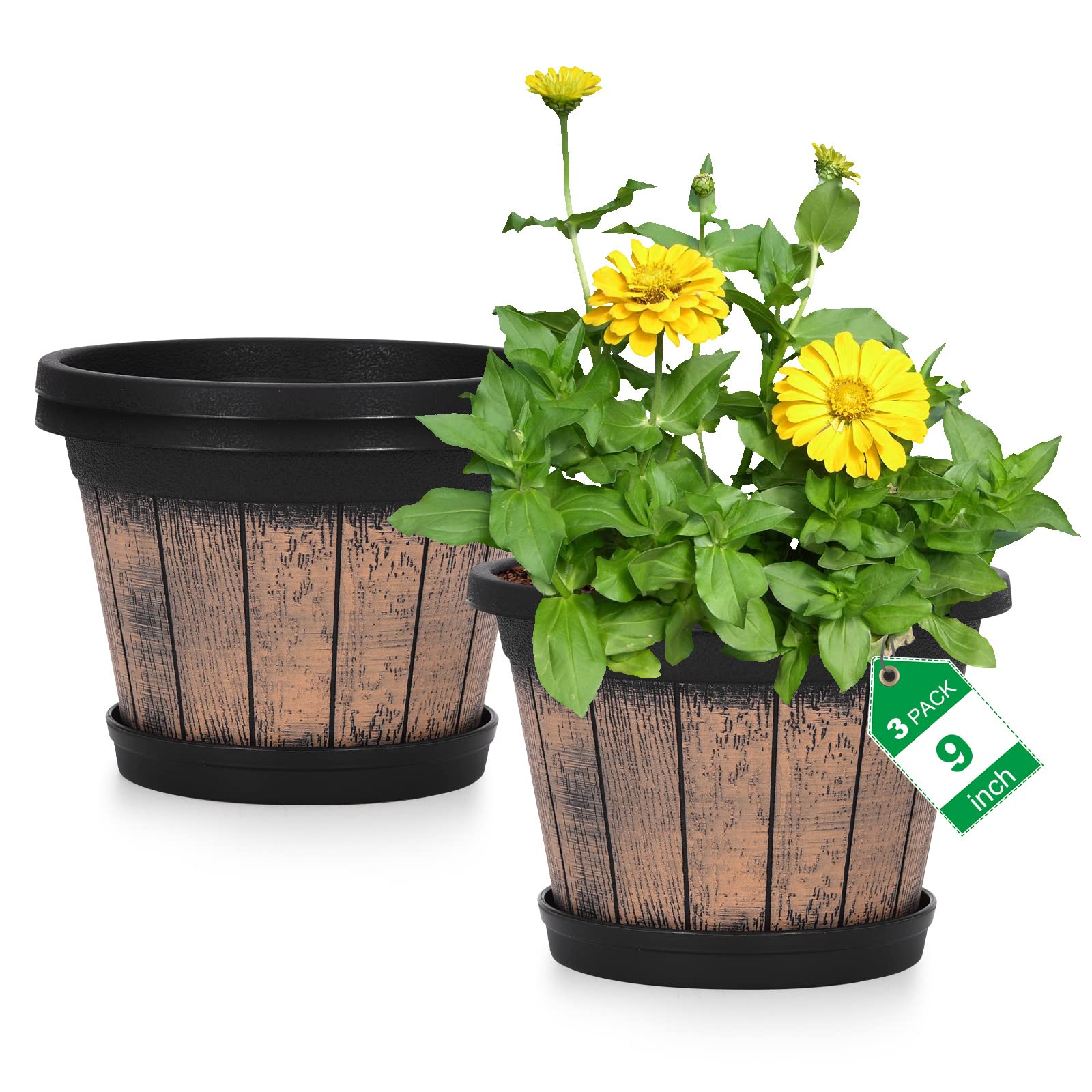 Quarut Large Plastic 4 Pack14 inch Plant Pots,Whiskey Barrel Planters with Drainage Holes & Saucer.Flower Pots Imitation Wine Barrel Design for Indoor & Outdoor Garden Balcony Plants.5 Gallons(Brown)