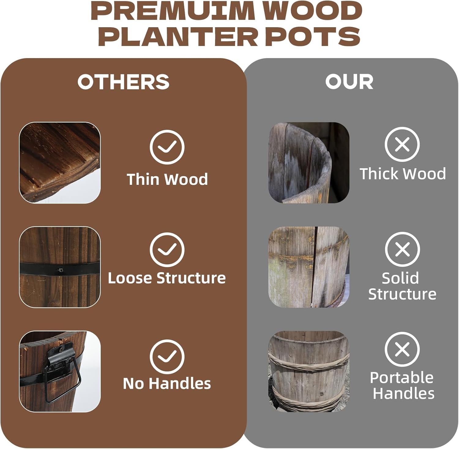 3 Pcs Wooden Whiskey Barrel Planters, Wooden Flower Planters Pots Boxes with Metal Handles 3 Sizes Planting Wood Buckets Tree Pot for Indoor Outdoor Garden Home Plants