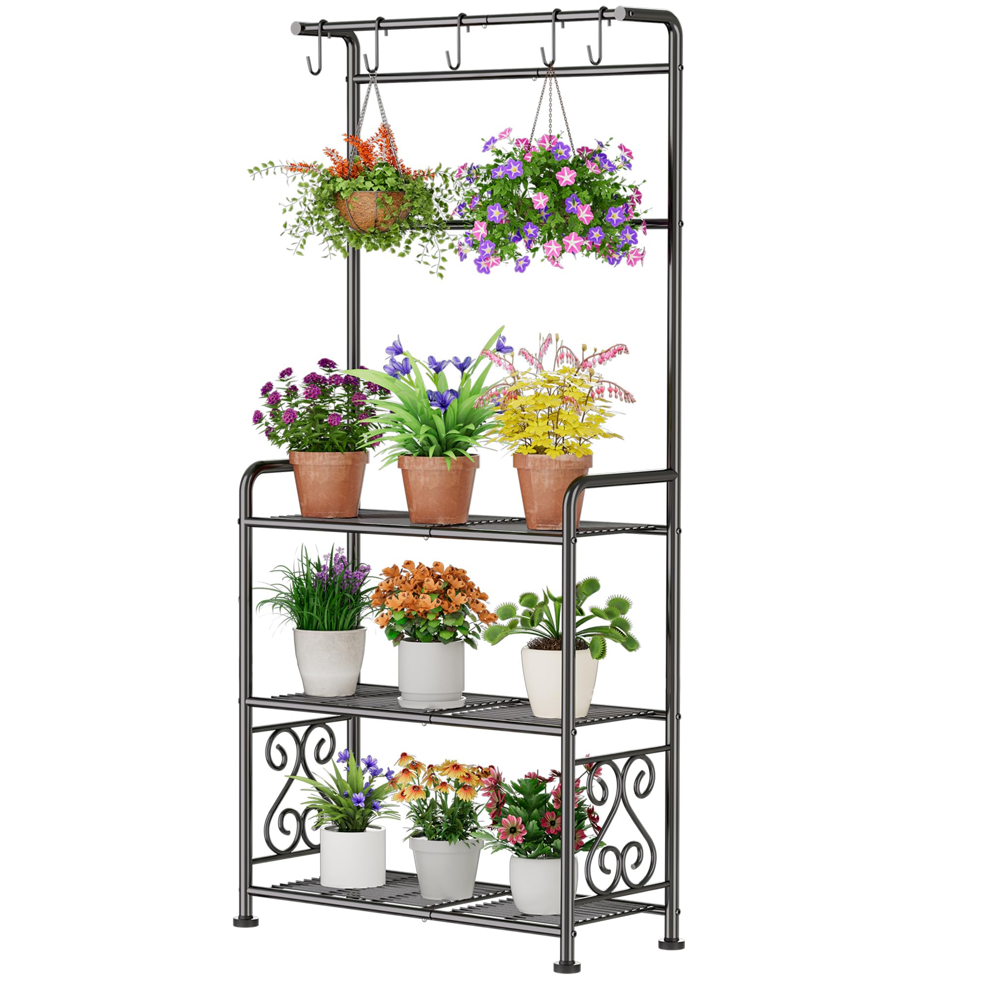 GIOTORENT Plant Stand Indoor, 3-Tier Heavy Duty Metal Shelf for Patio & Indoor, Tall Plant Holds 14+ Plants with 5 Hooks, Rust-Proof Plant Holder for Garden, Balcony, Living Room, Black