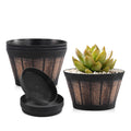 Quarut Large Plastic 4 Pack14 inch Plant Pots,Whiskey Barrel Planters with Drainage Holes & Saucer.Flower Pots Imitation Wine Barrel Design for Indoor & Outdoor Garden Balcony Plants.5 Gallons(Brown)