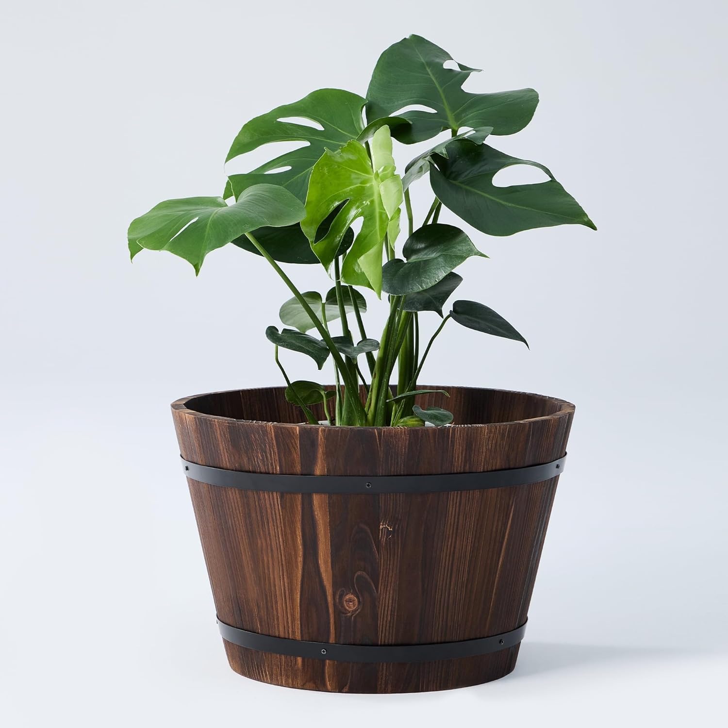 17-inch Wooden Barrel Flower Pot, a Rustic Wooden Planter Suitable for Indoor and Outdoor Plants, Ideal for Garden, Patio, and Home Decor Large Wooden Container