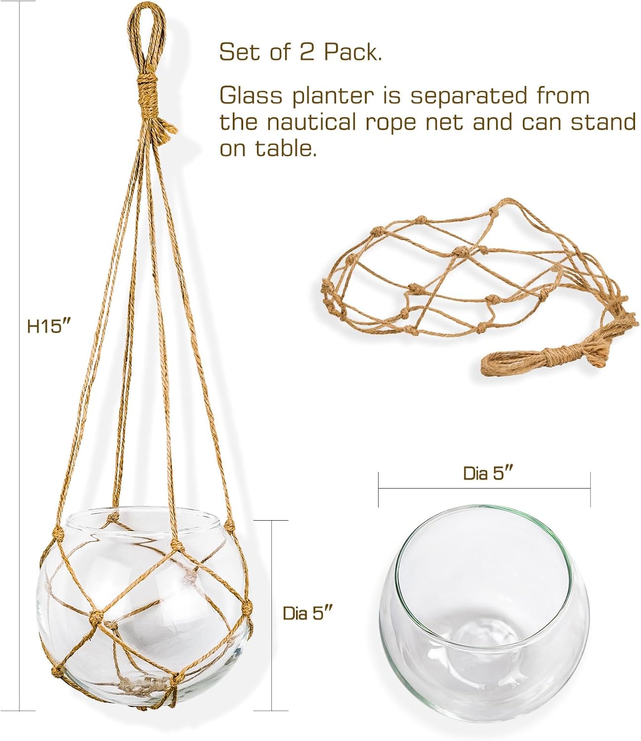 SAILINGSTORY Hanging Glass Plant Terrarium 5" Glass Planter Propagation Stations Flower Vase Clear Set of 2 Pack