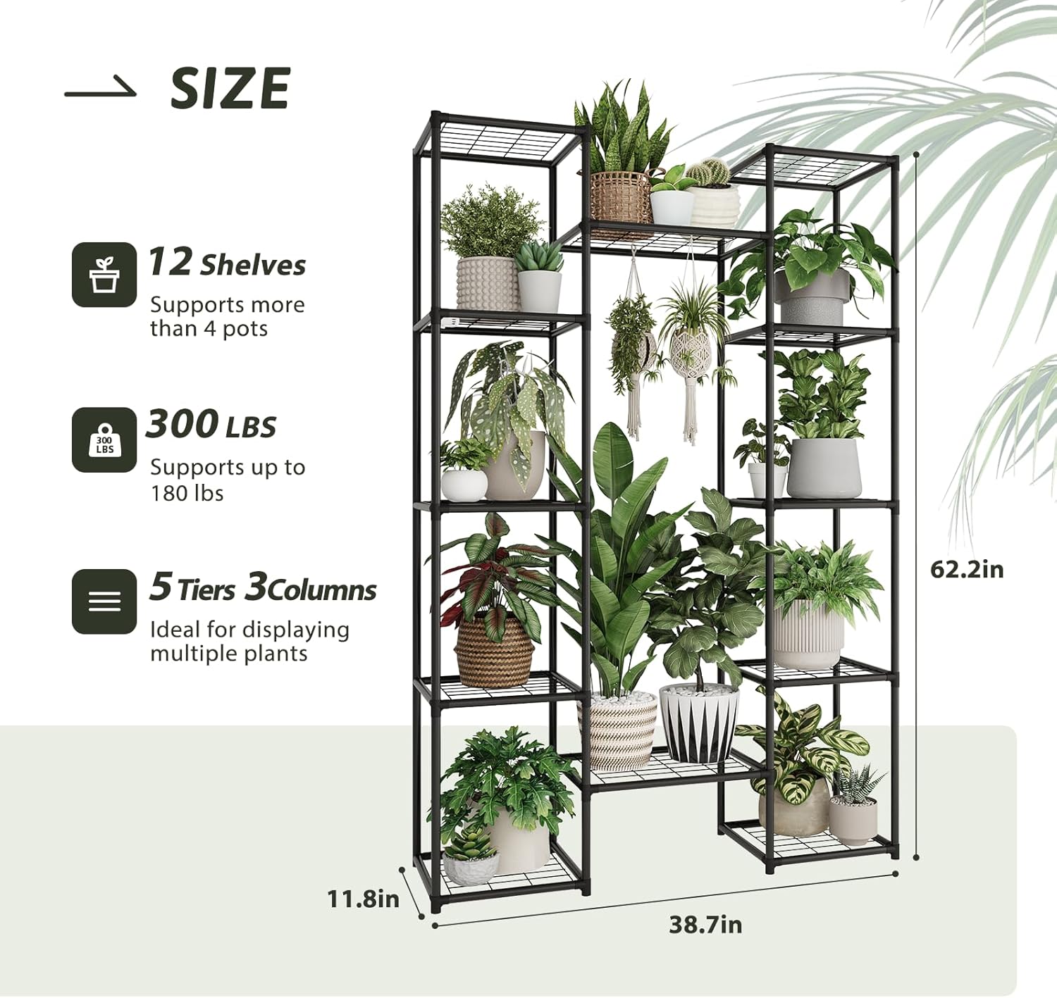 Metal Plant Stand Outdoor 62.2" Tall Plant Shelf for Plants 12 Pots Large Plant Sheves for Indoor Plants Living Room Heavy Duty Rack Garden Balcony Patio Hanging Planter