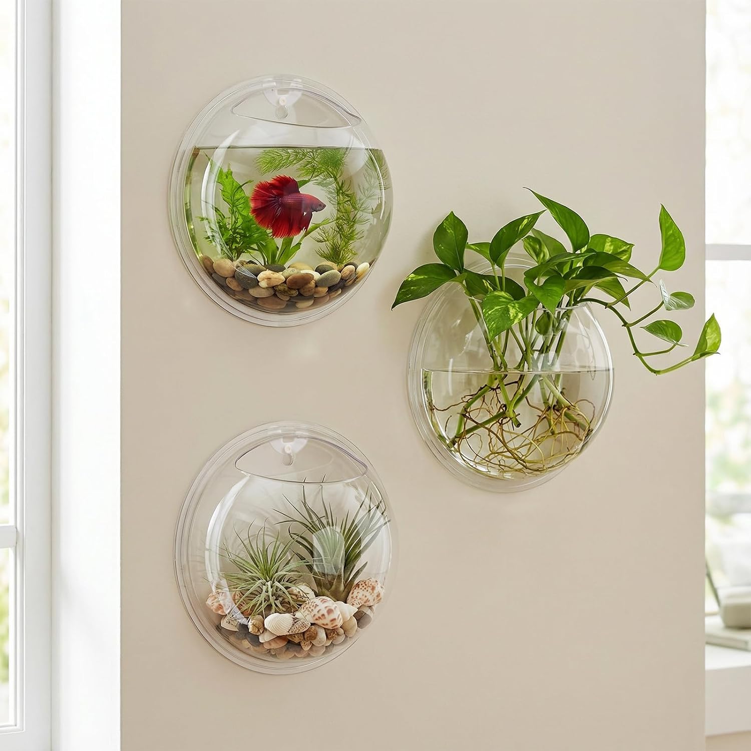 iplusmile Wall Mounted Fish Bowl - 9 Inch Round Acrylic Betta Fish Tank, Hanging Bubble Vase for Plant Propagation & Home Office Wall Decorations