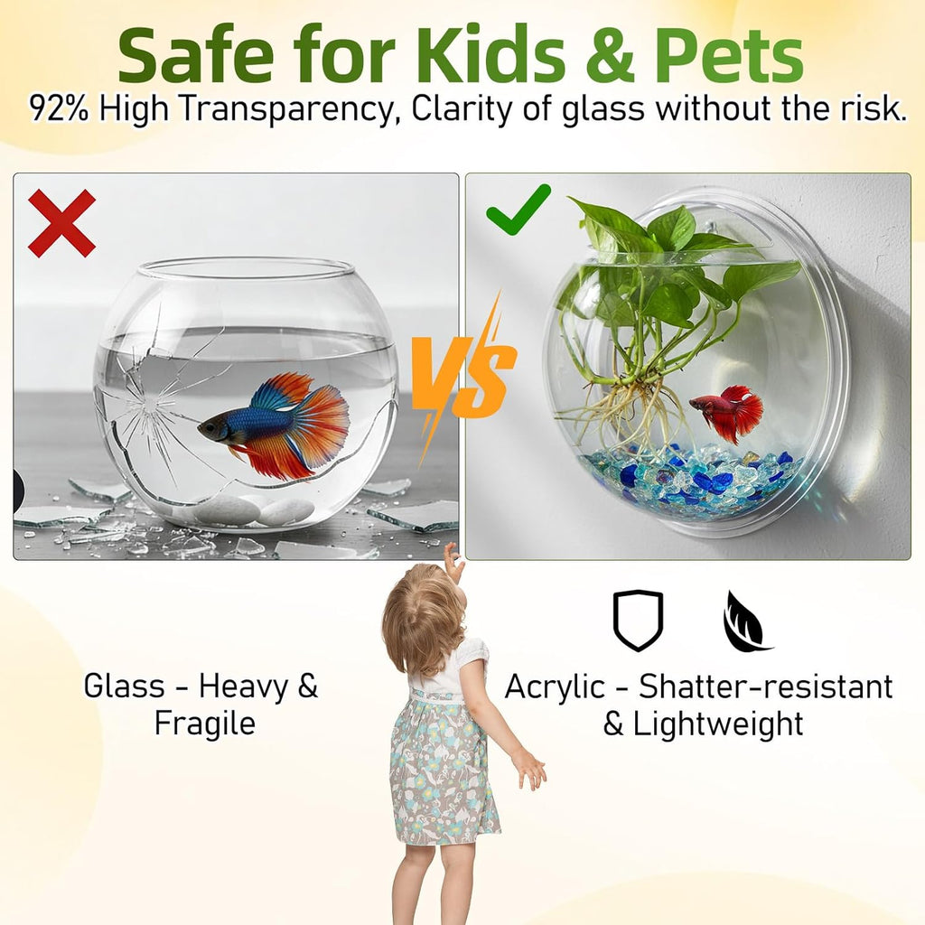iplusmile Wall Mounted Fish Bowl - 9 Inch Round Acrylic Betta Fish Tank, Hanging Bubble Vase for Plant Propagation & Home Office Wall Decorations