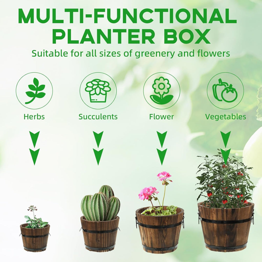 4 Pcs Wooden Whiskey Barrel Planters, Wooden Flower Planters Pots Boxes with Metal Handles 4 Sizes Planting Wood Buckets Christmas Tree Pot for Indoor Outdoor Garden Home Plants