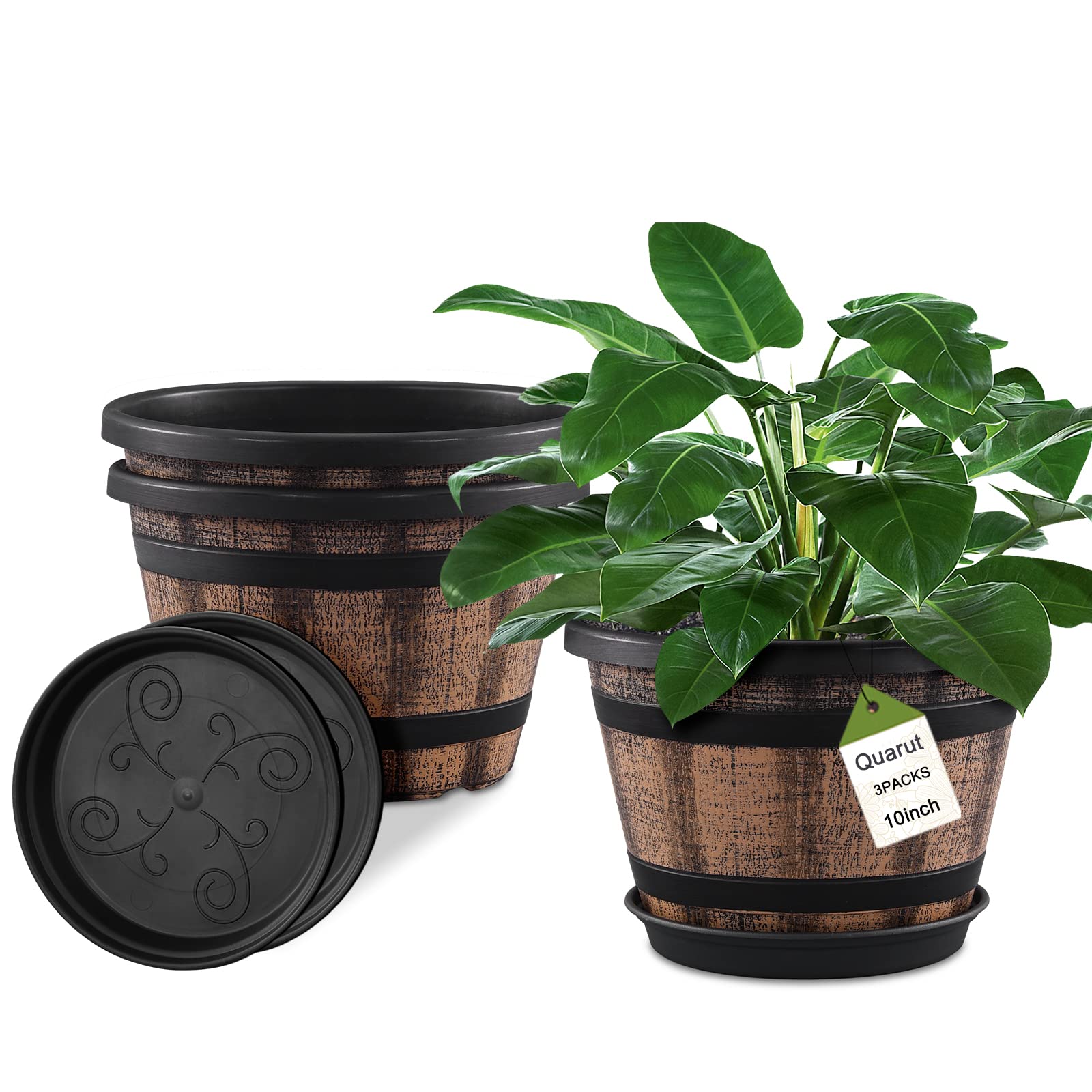 Quarut Large Plastic 4 Pack14 inch Plant Pots,Whiskey Barrel Planters with Drainage Holes & Saucer.Flower Pots Imitation Wine Barrel Design for Indoor & Outdoor Garden Balcony Plants.5 Gallons(Brown)
