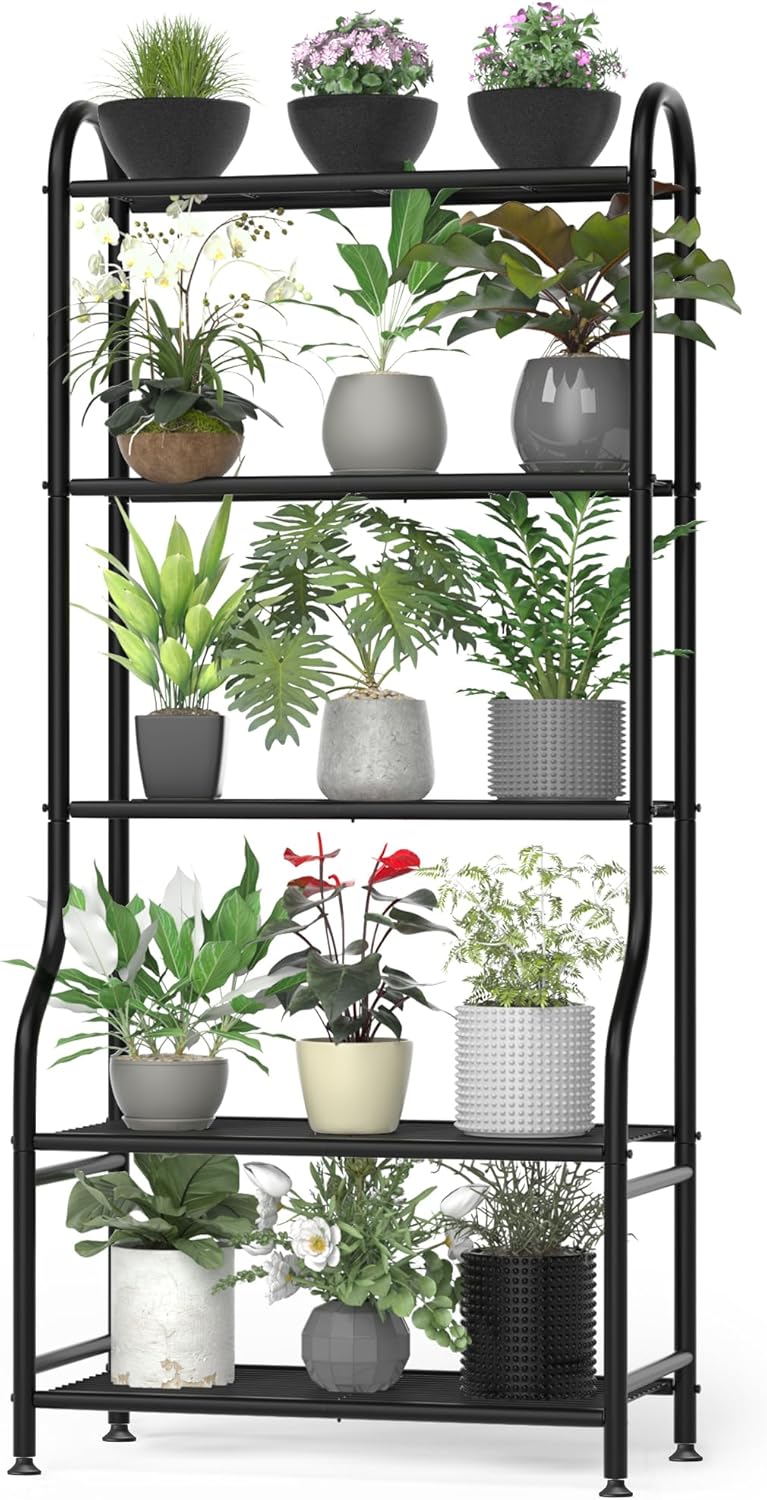 5-Tier Metal Plant Stand - Heavy Duty Indoor Outdoor Flower Shelf for Multiple Pots, 65" Tall Vertical Holder with Adjustable Leveling Feet & Wall-Fixing Kits, Black