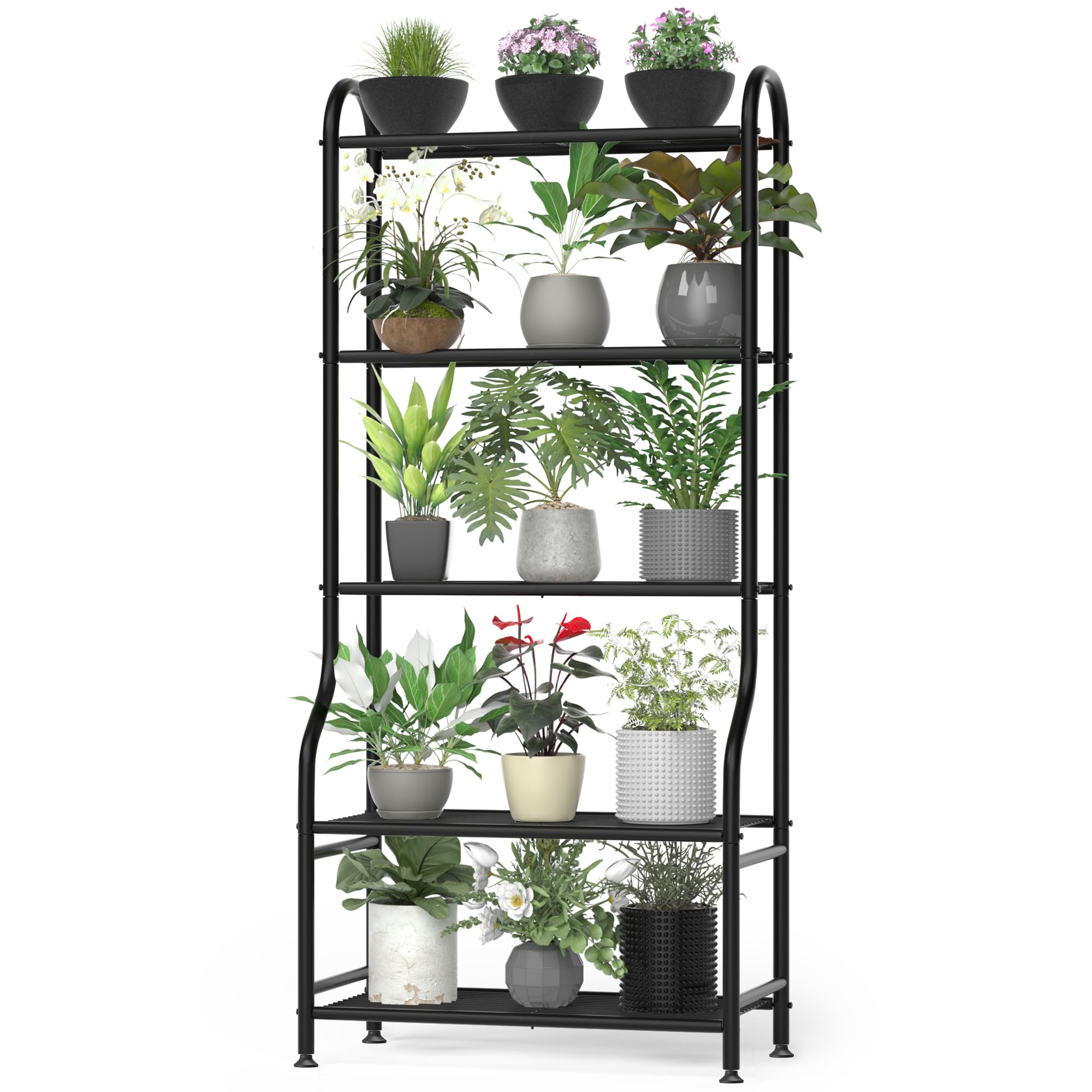 5-Tier Metal Plant Stand - Heavy Duty Indoor Outdoor Flower Shelf for Multiple Pots, 65" Tall Vertical Holder with Adjustable Leveling Feet & Wall-Fixing Kits, Black