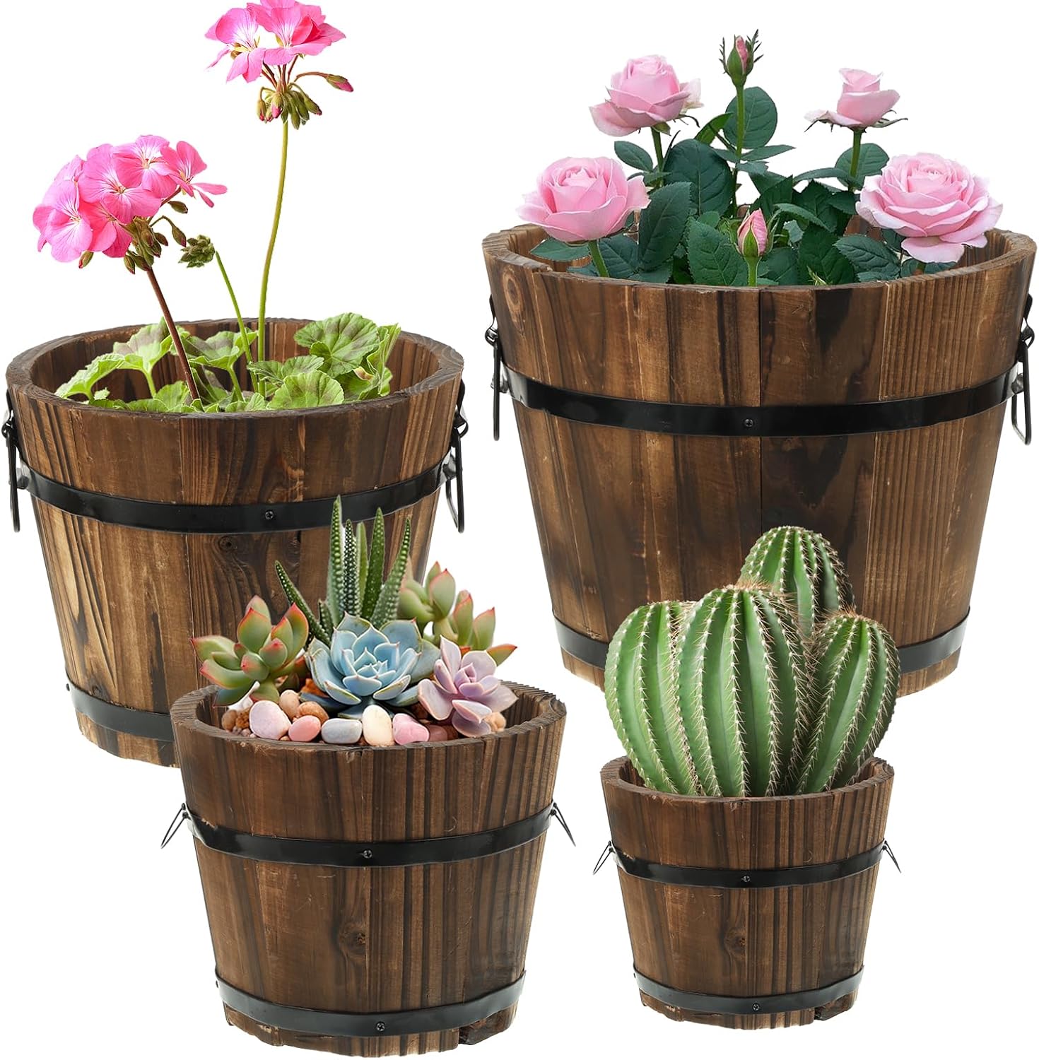 4 Pcs Wooden Whiskey Barrel Planters, Wooden Flower Planters Pots Boxes with Metal Handles 4 Sizes Planting Wood Buckets Christmas Tree Pot for Indoor Outdoor Garden Home Plants