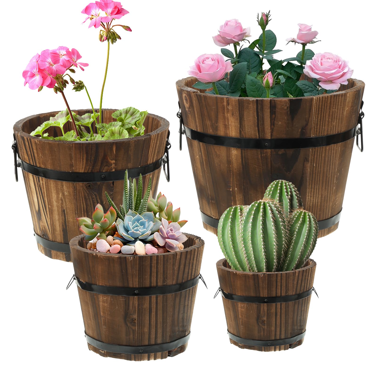4 Pcs Wooden Whiskey Barrel Planters, Wooden Flower Planters Pots Boxes with Metal Handles 4 Sizes Planting Wood Buckets Christmas Tree Pot for Indoor Outdoor Garden Home Plants